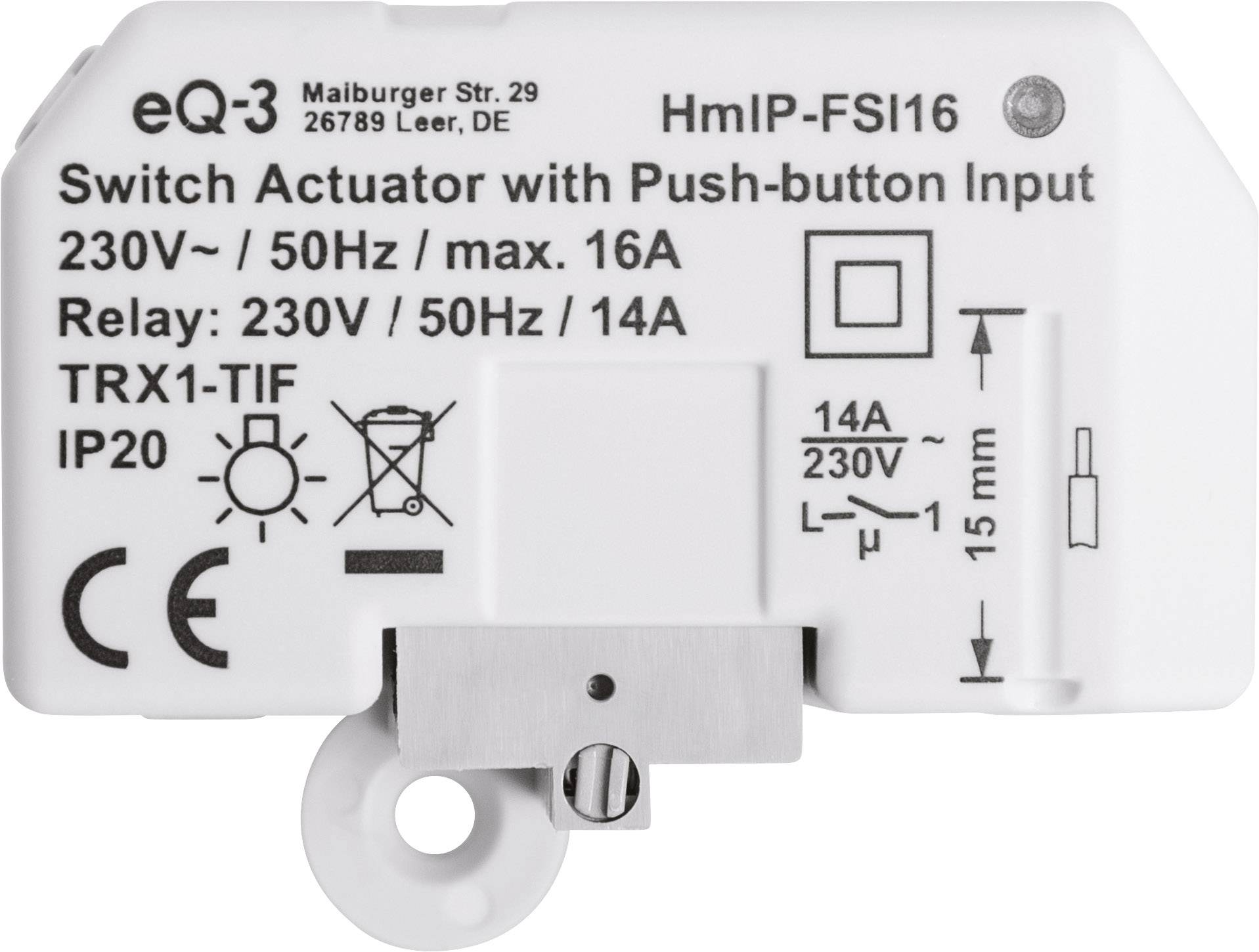 Ein weißes Schaltgerät mit Aufschrift: 'Switch Actuator with Push-button Input'. 230V, 50Hz, max. 16A. Modell: HmIP-FSI16.