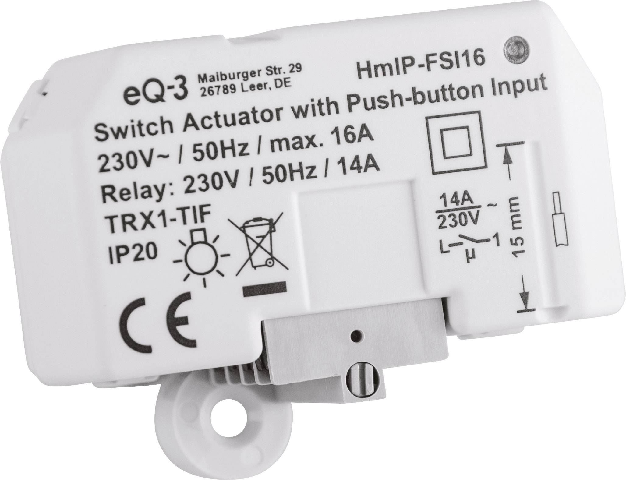'Schaltaktor mit Tastereingang, 230V / 50Hz, max. 16A, Relais: 230V / 50Hz / 14A.' Gehäuse zeigt technische Daten und Symbole.