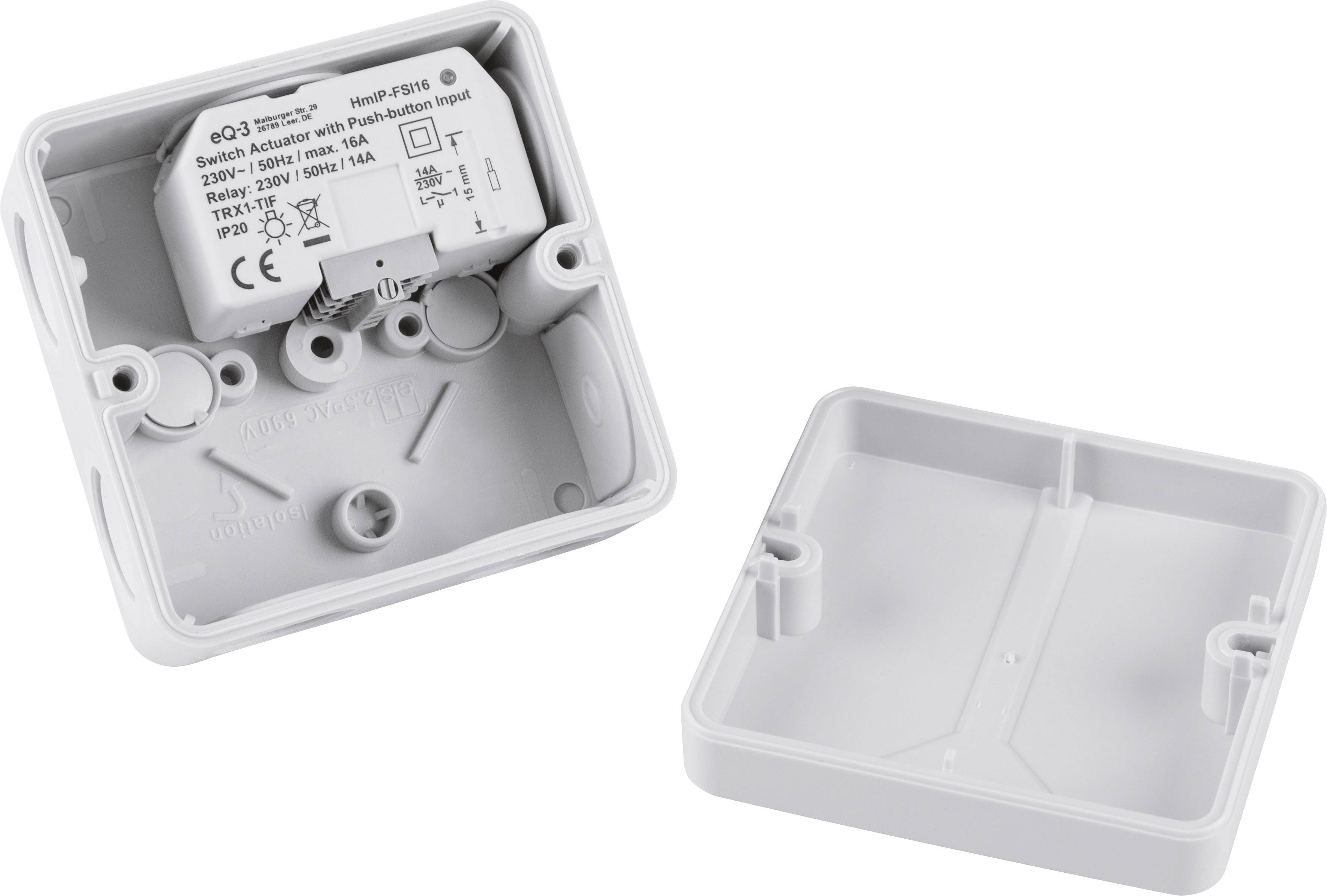 Geöffnetes Gehäuse eines Smart-Switch-Controllers, zeigt Innenbeschriftungen und Anschlussmöglichkeiten.