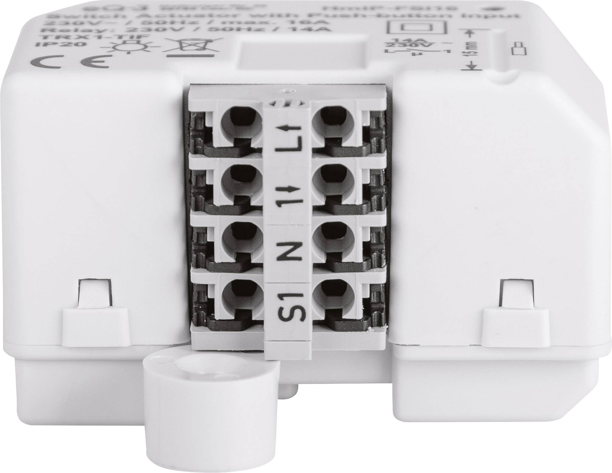 Ein elektronisches Gerät mit mehreren Anschlussklemmen, Beschriftungen L, N und S. Verwendung in elektrischen Schaltungen.