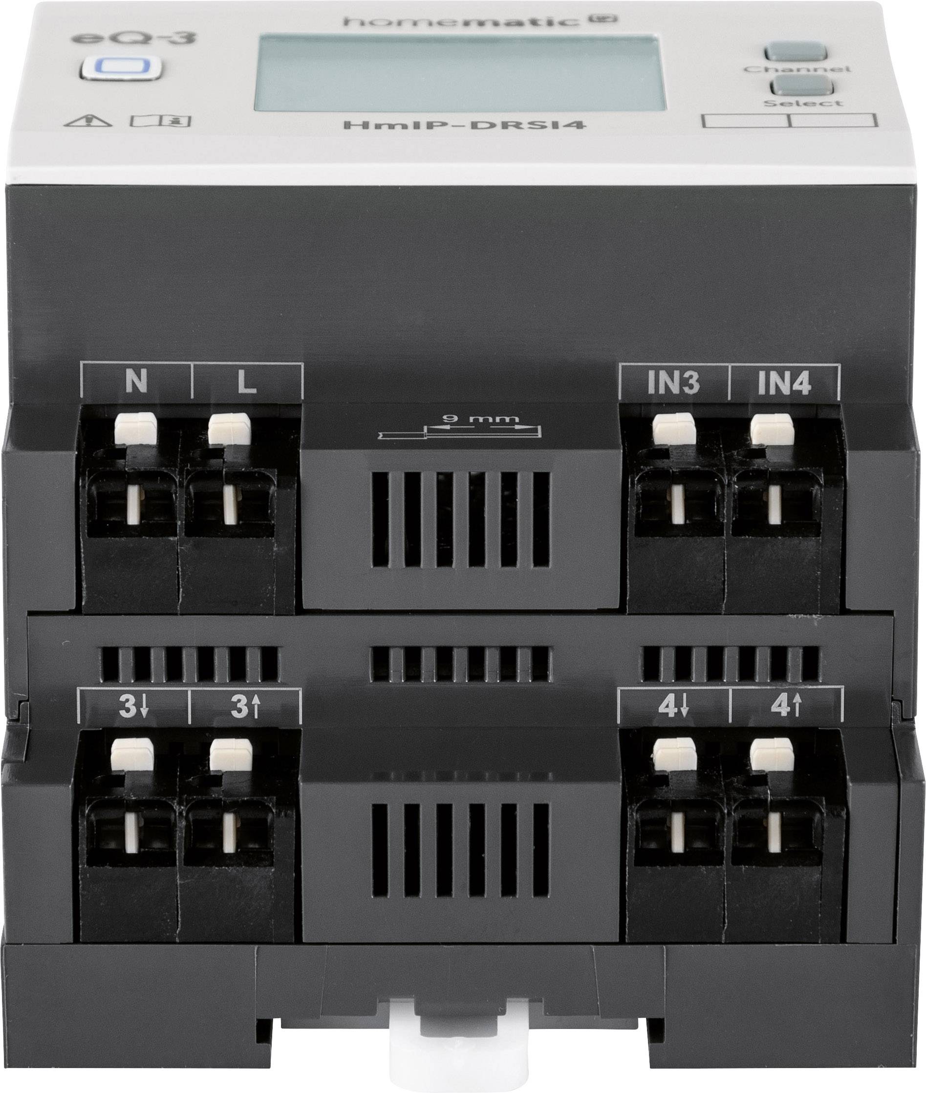 'Homematic HmIP-DRSI4 Funk-Schaltaktor'. Elektronisches Gerät mit mehreren Steckanschlüssen zur Steuerung von Smart-Home-Funktionen.