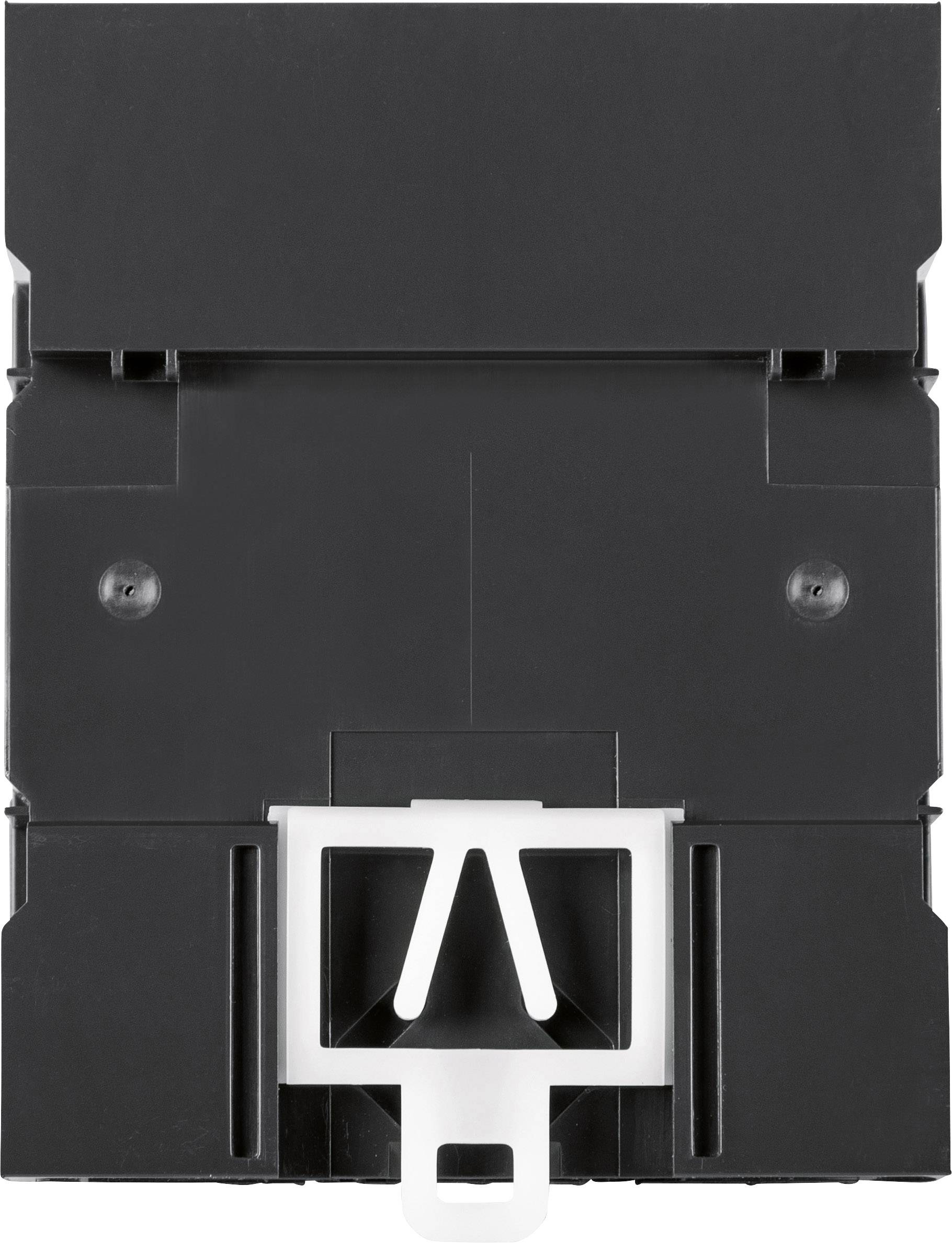 Schwarzes, rechteckiges Bauteil mit weißen, geometrischen Elementen unten.enteil eines elektrischen oder mechanischen Systems.