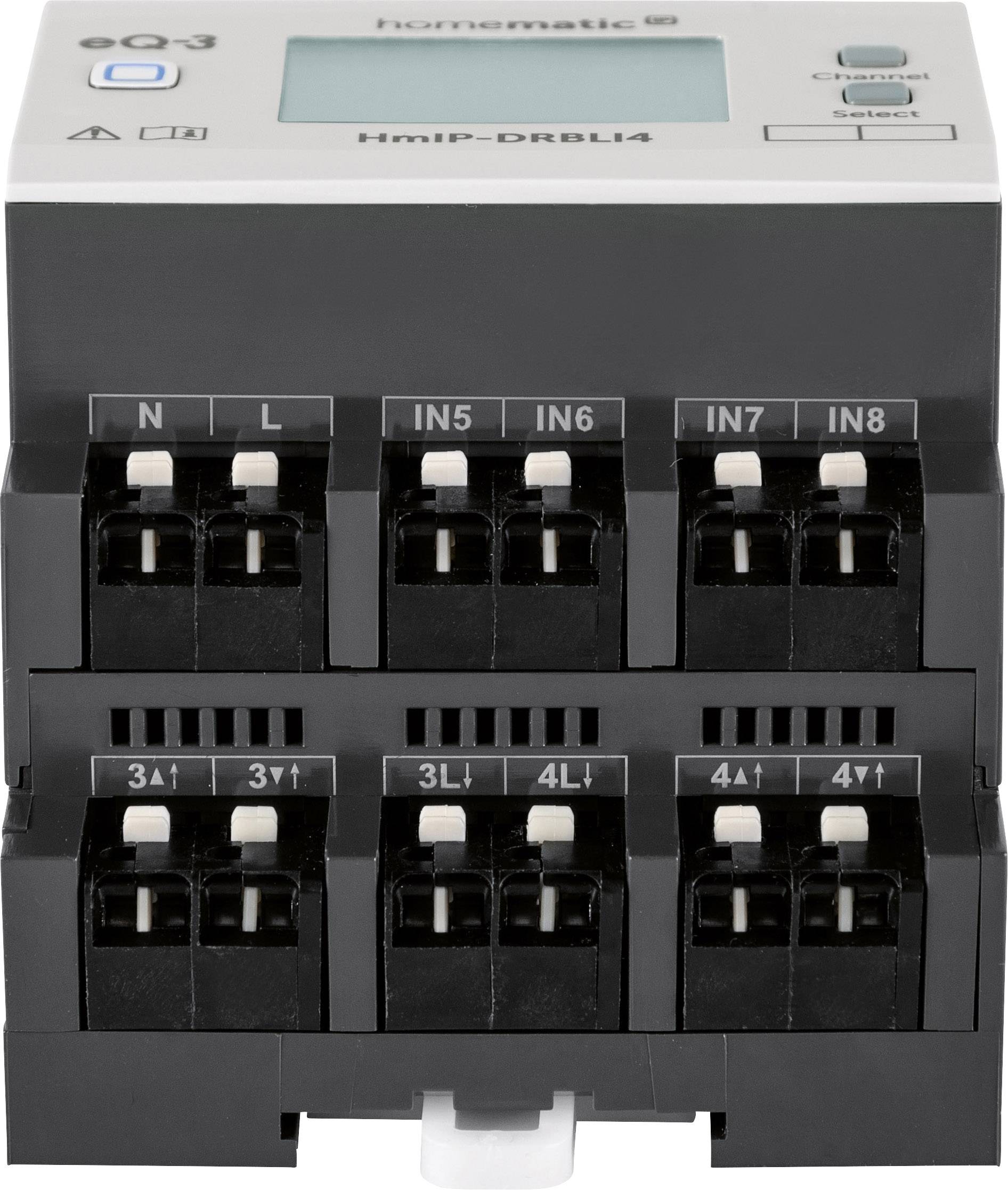 Ein schwarzer Hutschienen-Aktor mit sechs Eingängen und vier Ausgängen. Oberseite mit Display und Bedienelementen.