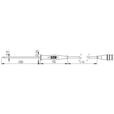 Technische Zeichnung eines Prüfschraubendrehers mit Abmessungen: Klingenlänge 100 mm, Griff 70 mm, Gesamtlänge 1 m, Klingendurchmesser 3 mm.