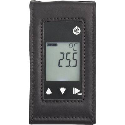 'Digitalthermometer in Lederetui zeigt 25,5°C an. Anzeigeelemente für Temperaturregelung und Batteriestatus sichtbar.'