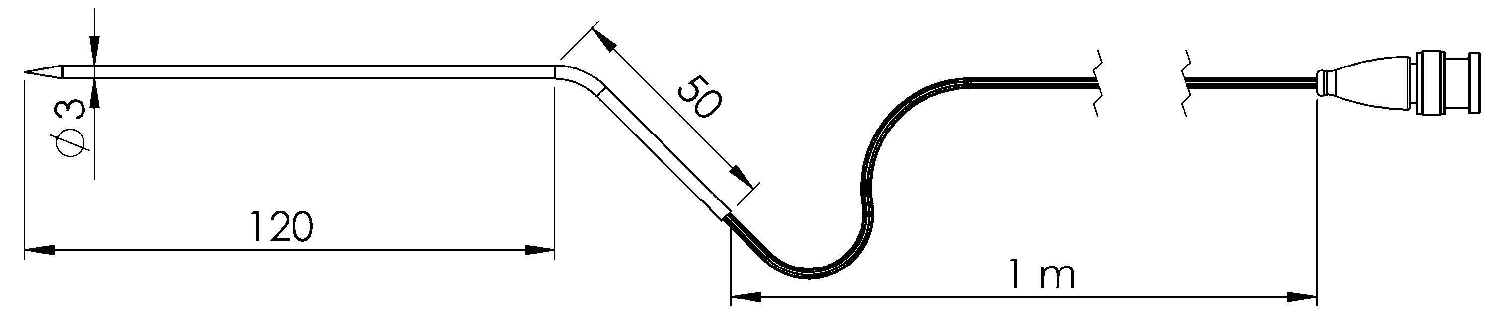 Diagramm eines Metallstabs mit einer Länge von 120 mm, Durchmesser von 3 mm und einem 50 mm langen Knick. Verbunden mit einem 1 m langen Kabel.