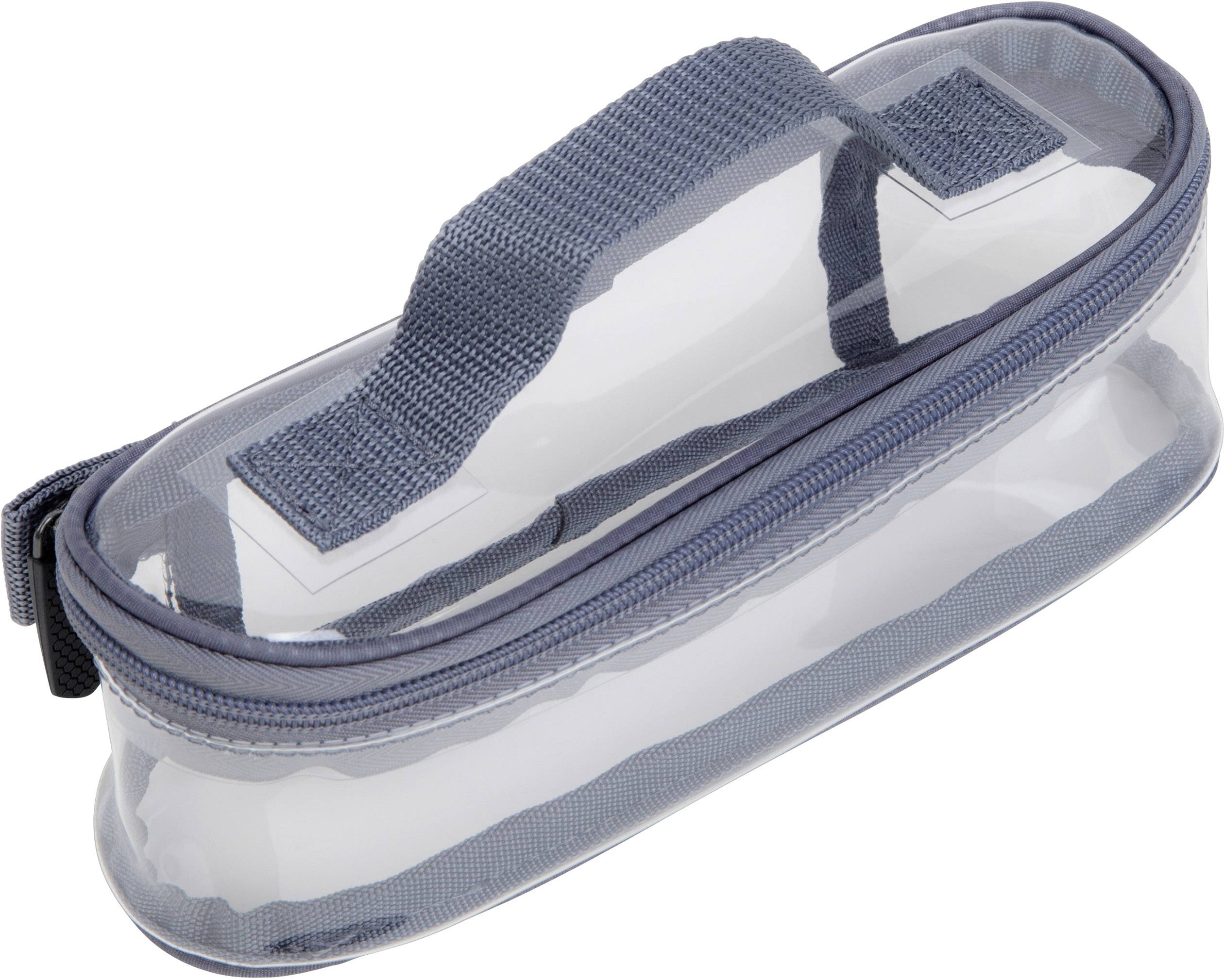 Transparente Tasche mit Reißverschluss und Tragegriff, geeignet zur Aufbewahrung von Kleinteilen oder Reiseutensilien.