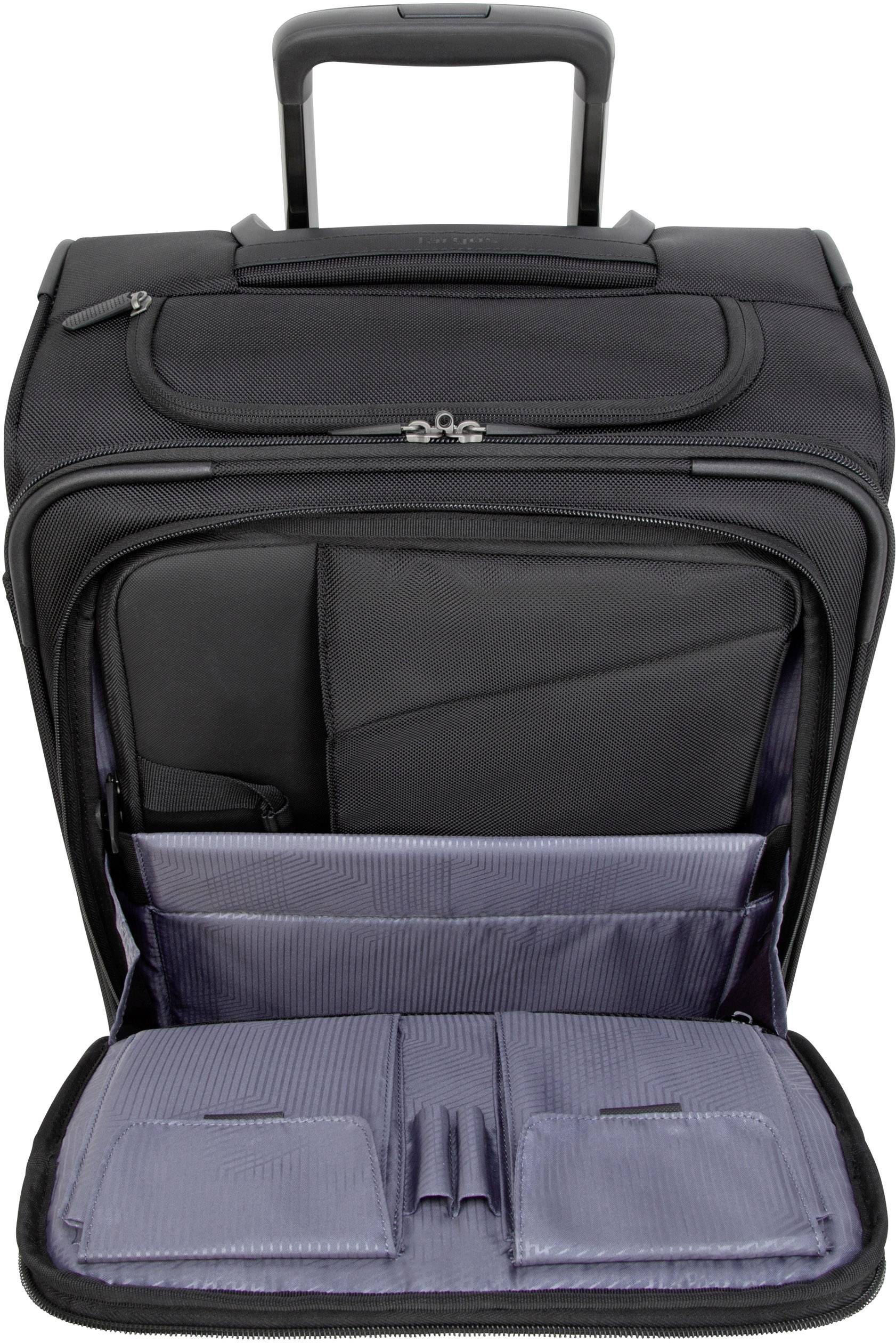 Schwarzer Koffer mit offenem Laptopfach und mehreren Innentaschen, geeignet für Geschäftsreisen.