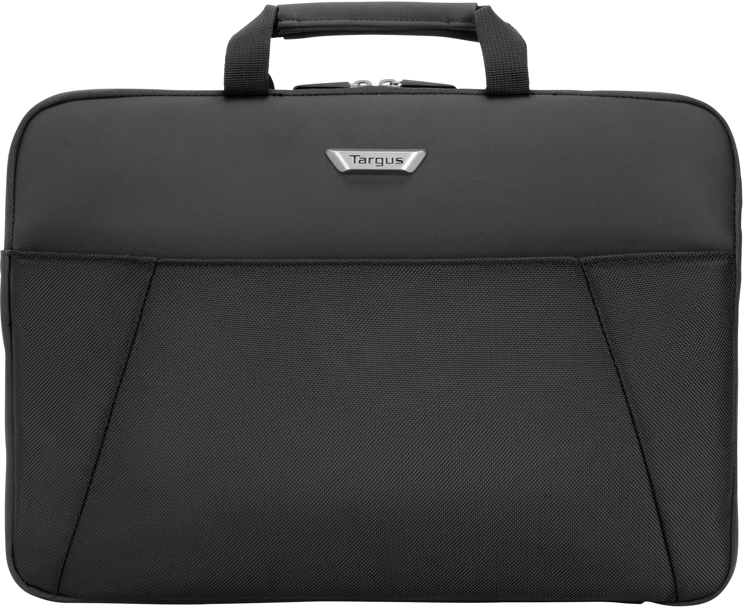 Eine schwarze Laptoptasche von Targus mit zwei Griffen, schlichtes Design, geeignet für Notebooks und Zubehör.