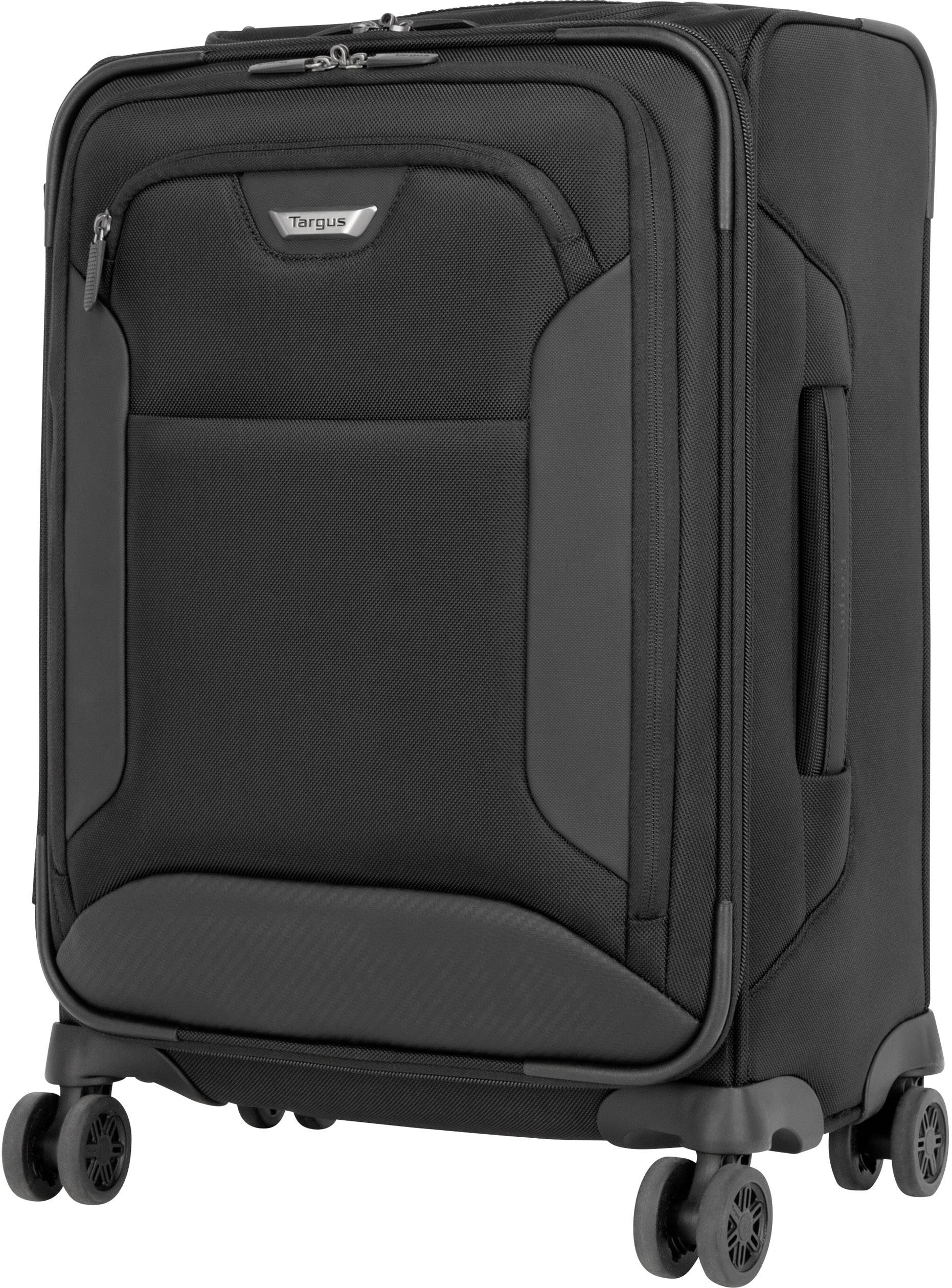 Schwarzer Rollkoffer mit vier Rädern und Tragegriff. Geeignet für Reisen, bietet geräumigen Innenraum und robustes Design.