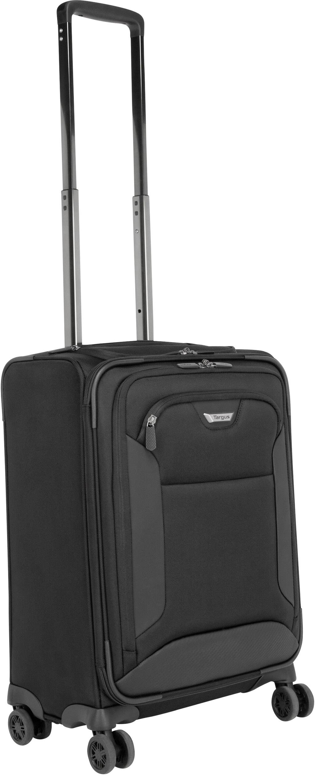 Schwarzer Rollkoffer mit vier Rädern und ausziehbarem Griff, ideal für Reisen.