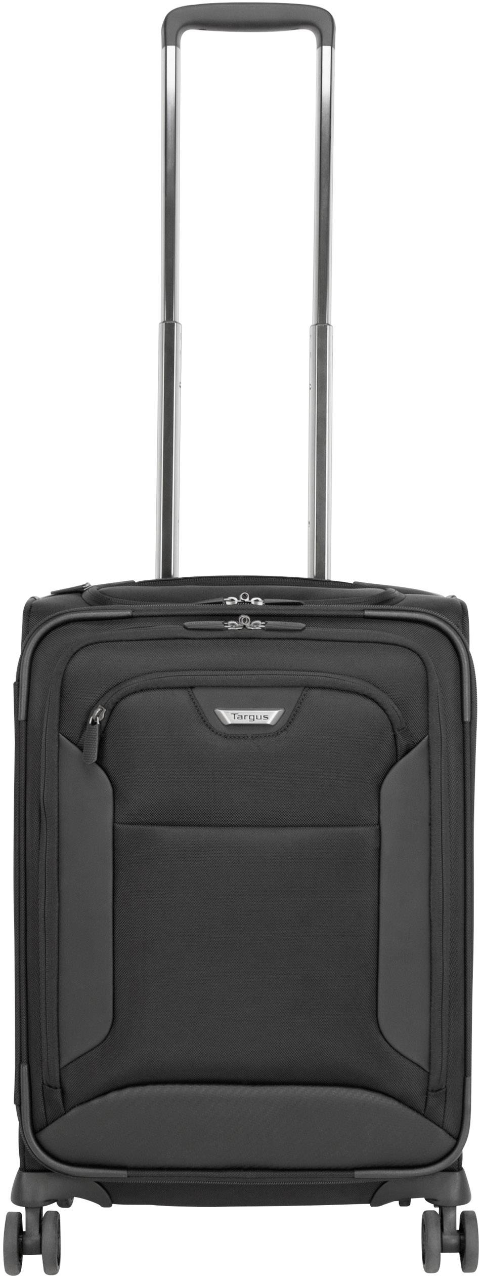 Schwarzer Rollkoffer mit ausgefahrenem Griff und mehreren Taschen, geeignet für Reisen und als Handgepäck.