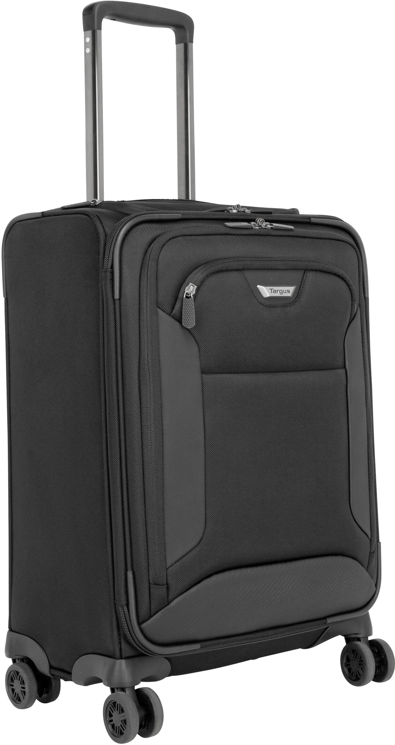 Schwarzer Rollkoffer mit ausziehbarem Griff und vier Rädern. Ideal für Reisen geeignet.