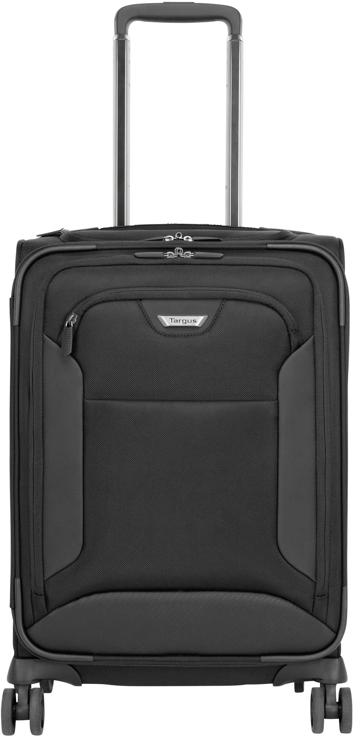 Ein schwarzer Trolley-Koffer mit vier Rädern und ausziehbarem Griff. Ideal für Reisen.