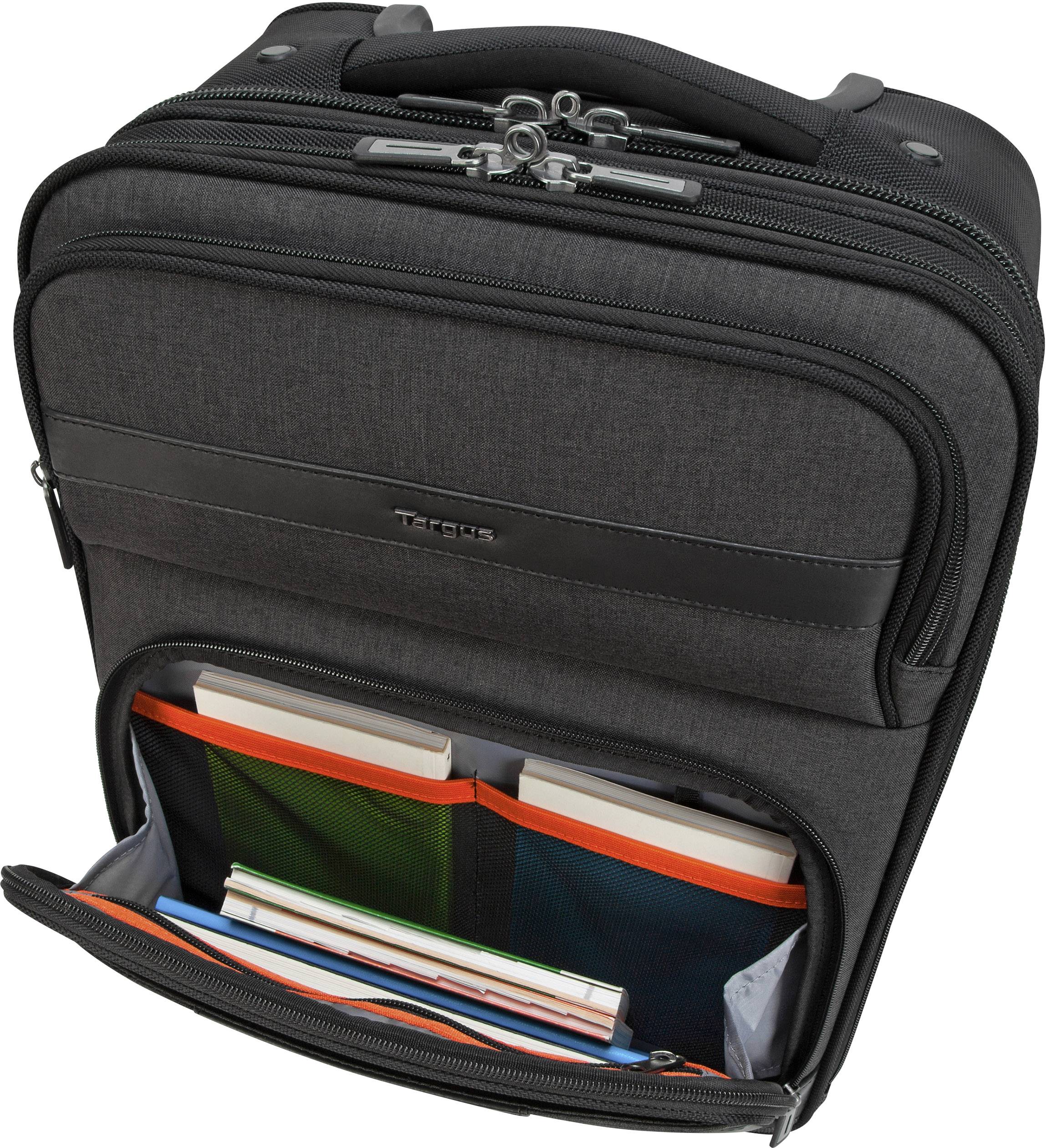Schwarzer Business-Rucksack mit mehreren Fächern, darunter ein aufklappbares Frontfach mit Ordnern und Notizbüchern. Ideal für Bürobedarf.