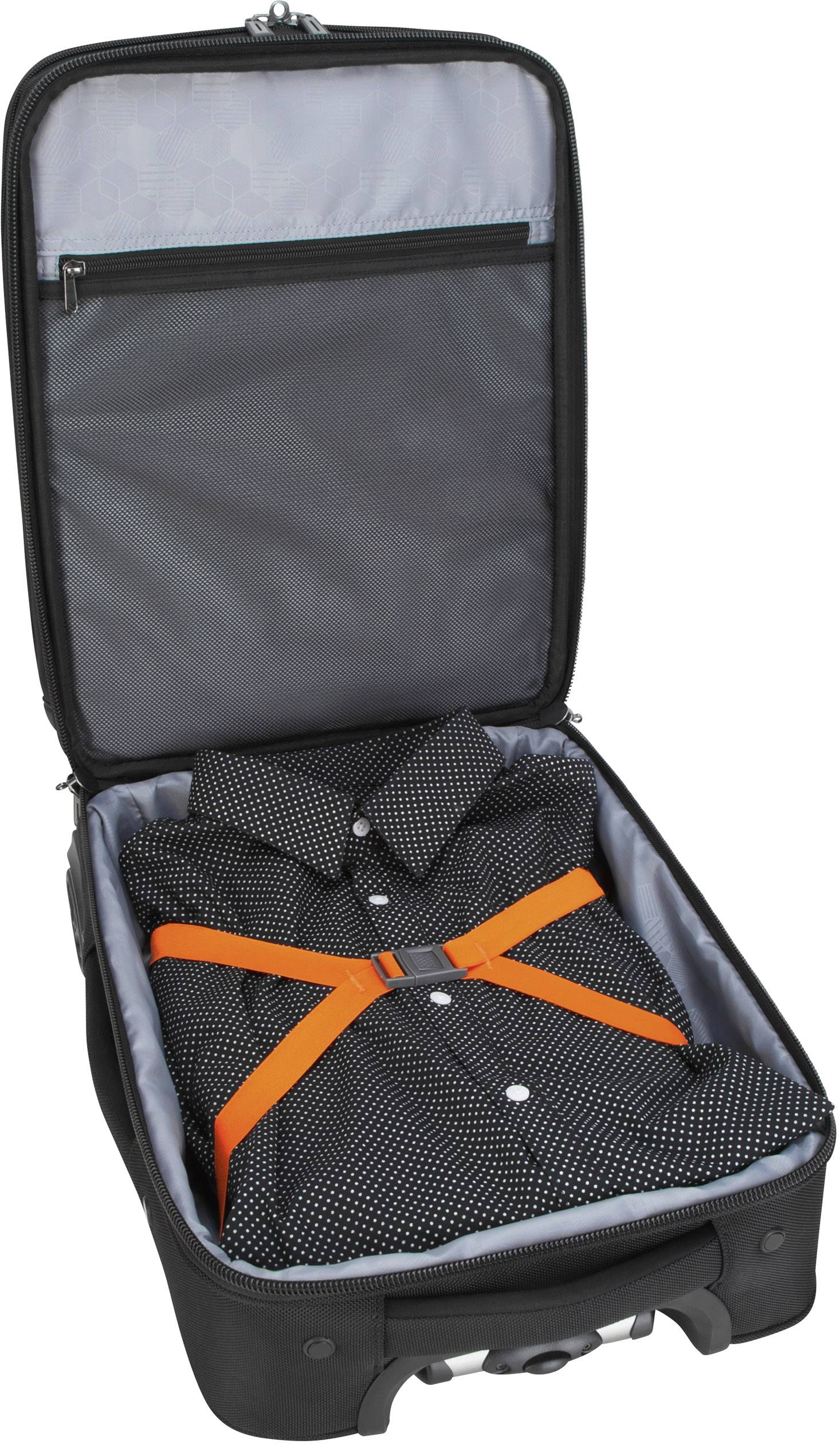 Ein schwarzer Koffer mit einem aufgeräumten Hemd darin, gesichert mit einem orangenen Kreuzband. Der Innenraum des Koffers ist grau.