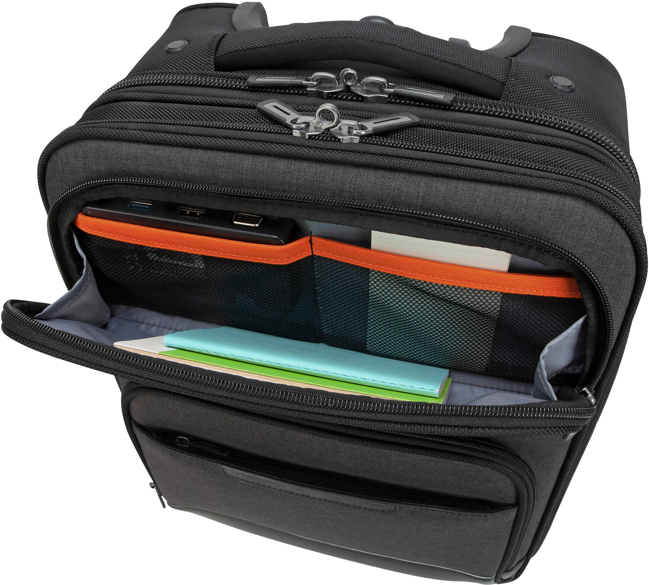 Schwarze Laptoptasche mit geöffnetem vorderen Fach zeigt Ordnungsfächer mit Papieren, Notizbuch und elektronischen Geräten.