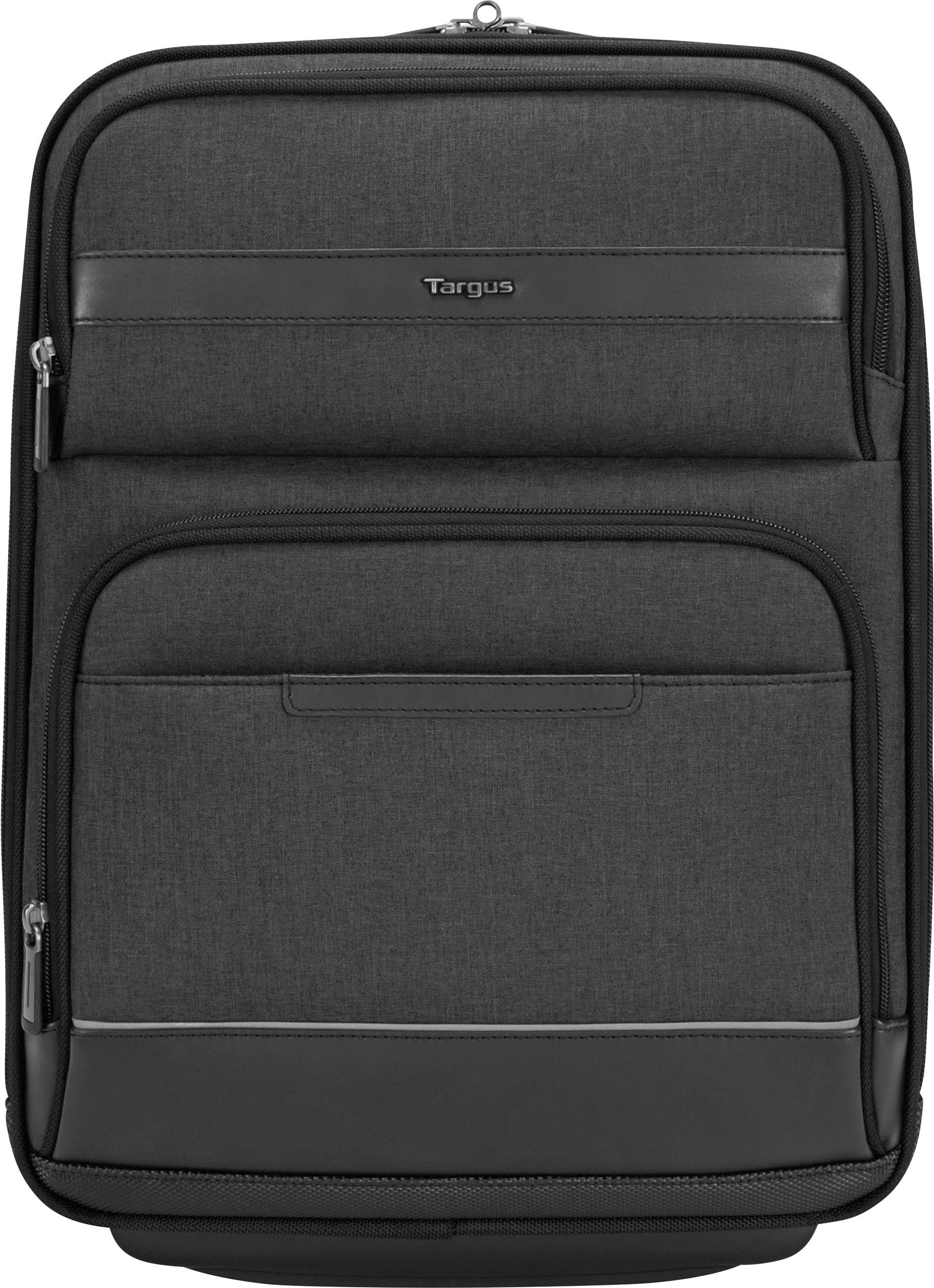 Schwarzer Rucksack mit mehreren Reißverschlussfächern, geeignet für Laptops.