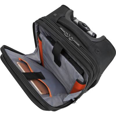Schwarzer Koffer mit geöffnetem Fach, zeigt Fächer für Laptop und Handy, geeignet für Reisen und Arbeitszwecke.