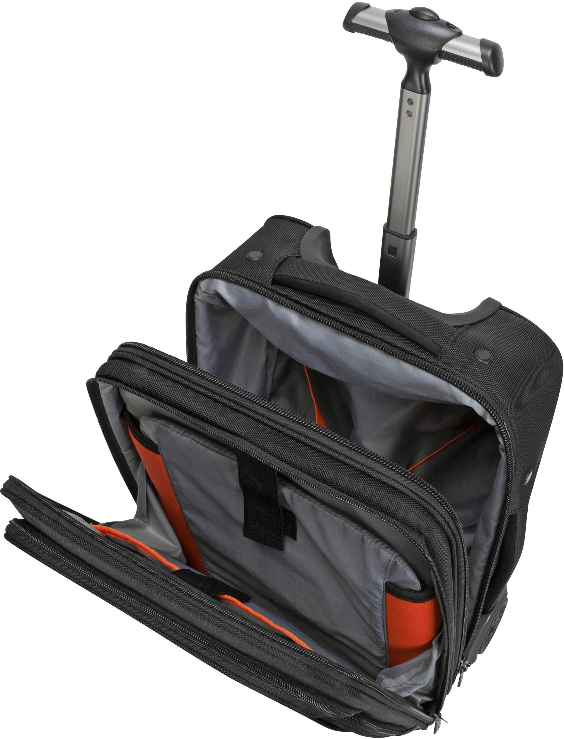 Ein geöffneter schwarzer Trolley mit Teleskopgriff, zeigt mehrere Taschen mit grauem und orangem Innenfutter, geeignet für Laptop-Transport.