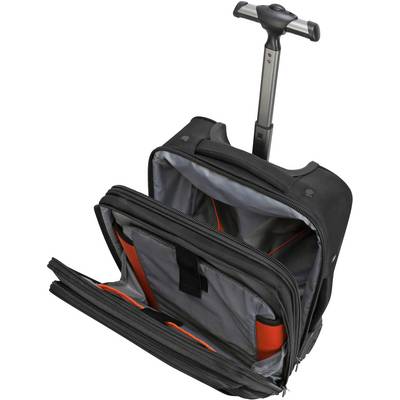 Ein geöffneter schwarzer Trolley mit Teleskopgriff, zeigt mehrere Taschen mit grauem und orangem Innenfutter, geeignet für Laptop-Transport.