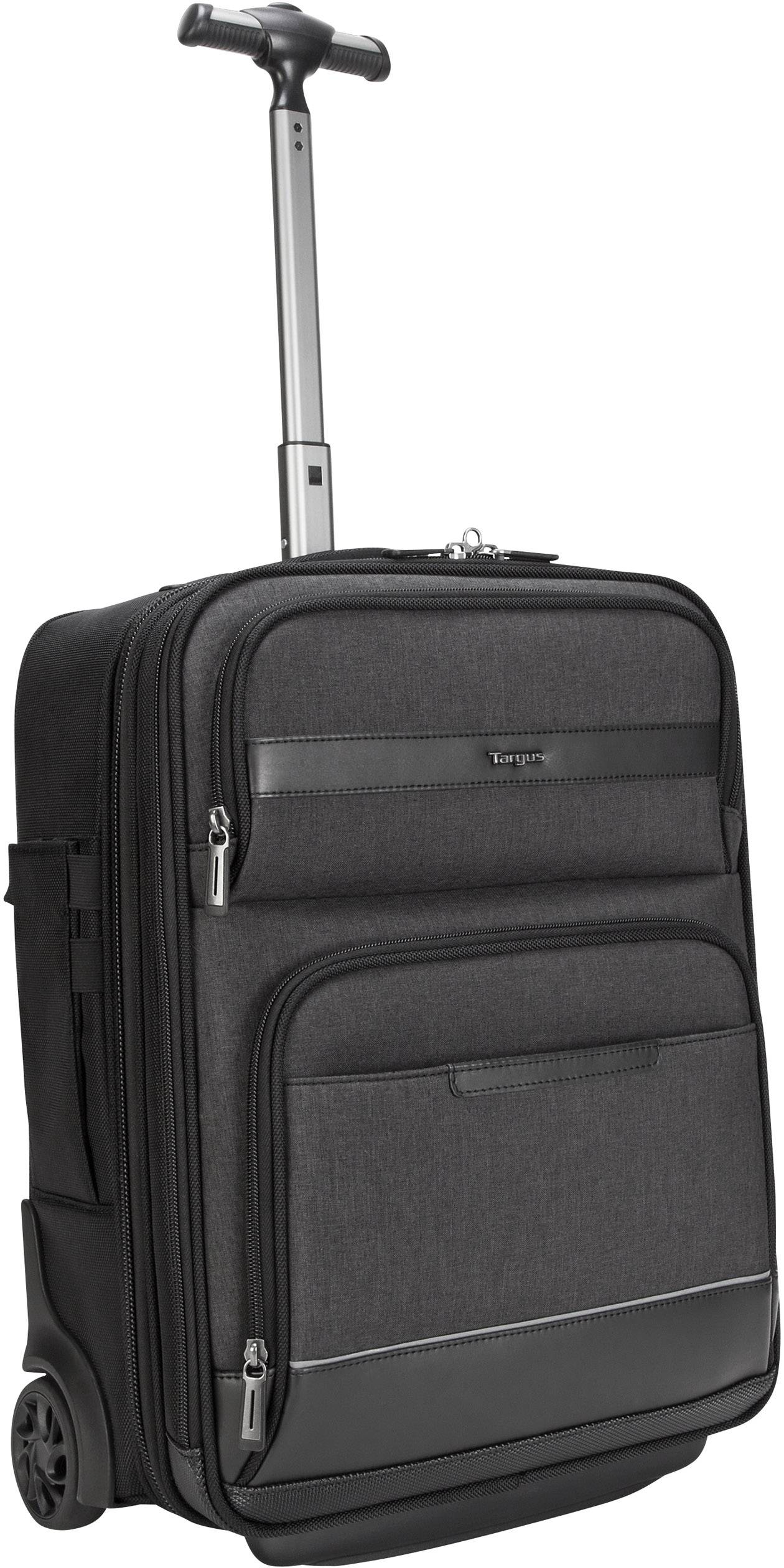 Schwarzer Rollkoffer mit ausziehbarem Griff und Taschen auf der Vorderseite, seitlich gesehen.