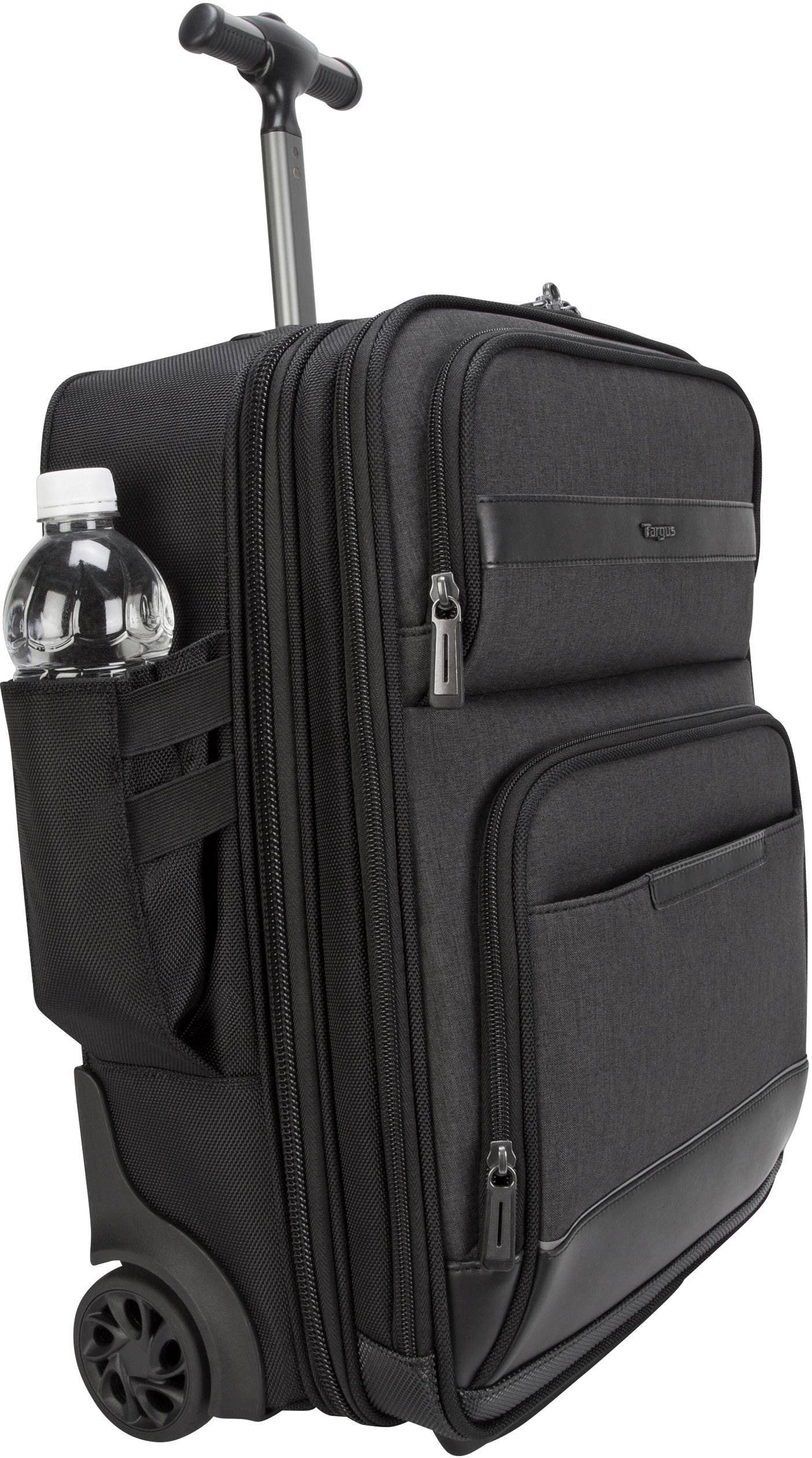 Schwarzer Rollkoffer mit zwei Rollen, Teleskopgriff und einer Wasserflasche in der Seitentasche. Ideal für Reisen.
