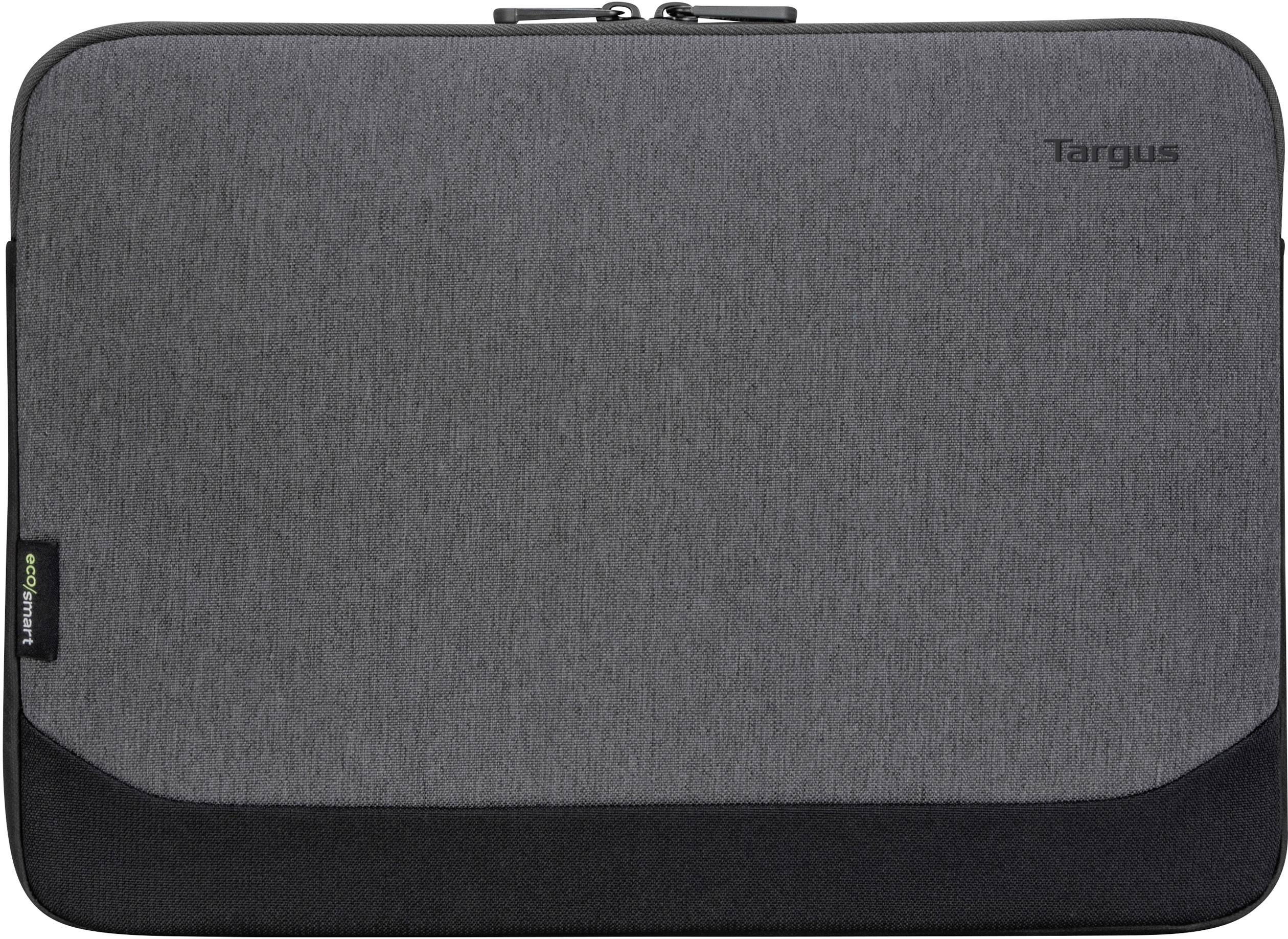 Graue Laptop-Hülle mit schwarzem Boden. Oben links befindet sich das Logo 'Targus'. Schlichte und elegante Gestaltung.