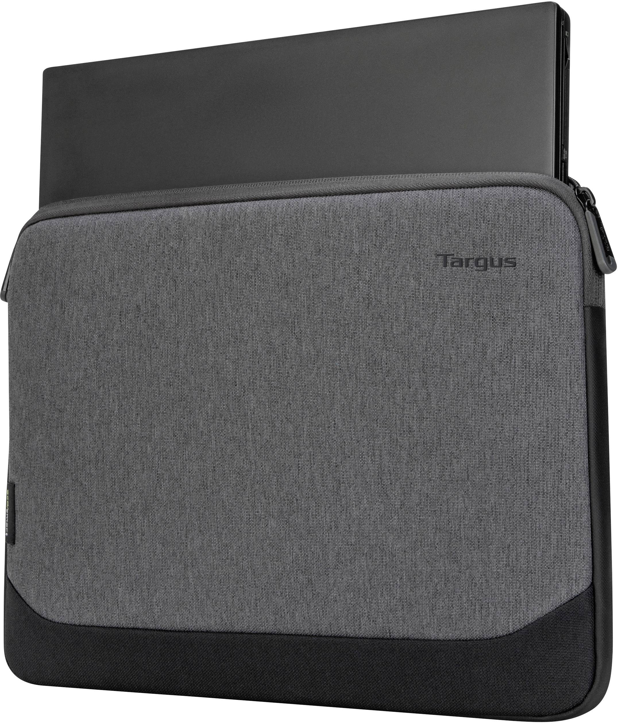Eine Laptop-Hülle von Targus in Grau mit schwarzem Akzent, teils geöffnet, zeigt einen Laptop, der teilweise herausragt.
