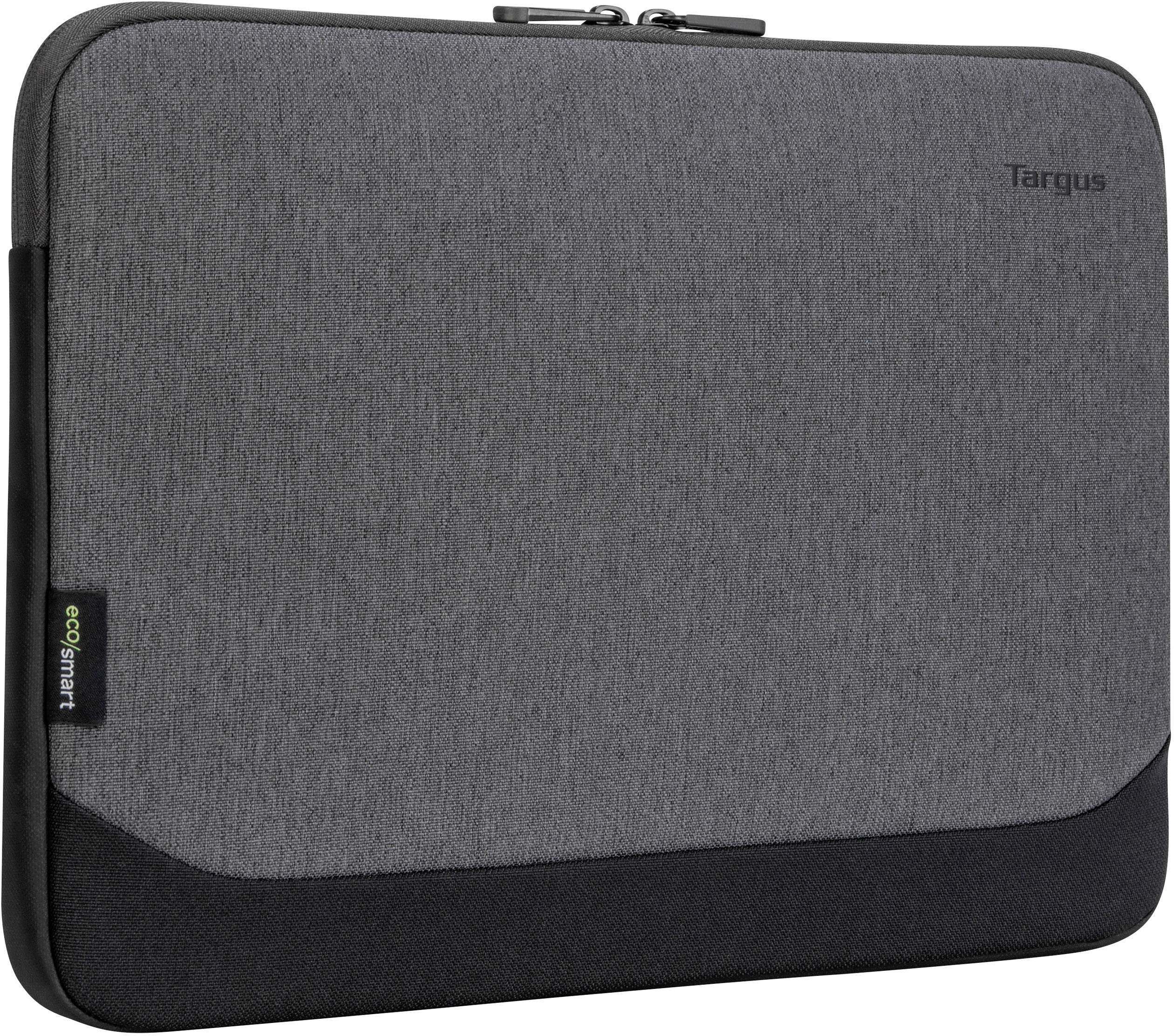 Graue Laptoptasche aus Stoff mit Reißverschluss, oben die Aufschrift 'Targus'. Links unten ein kleines Label 'eco smart'.