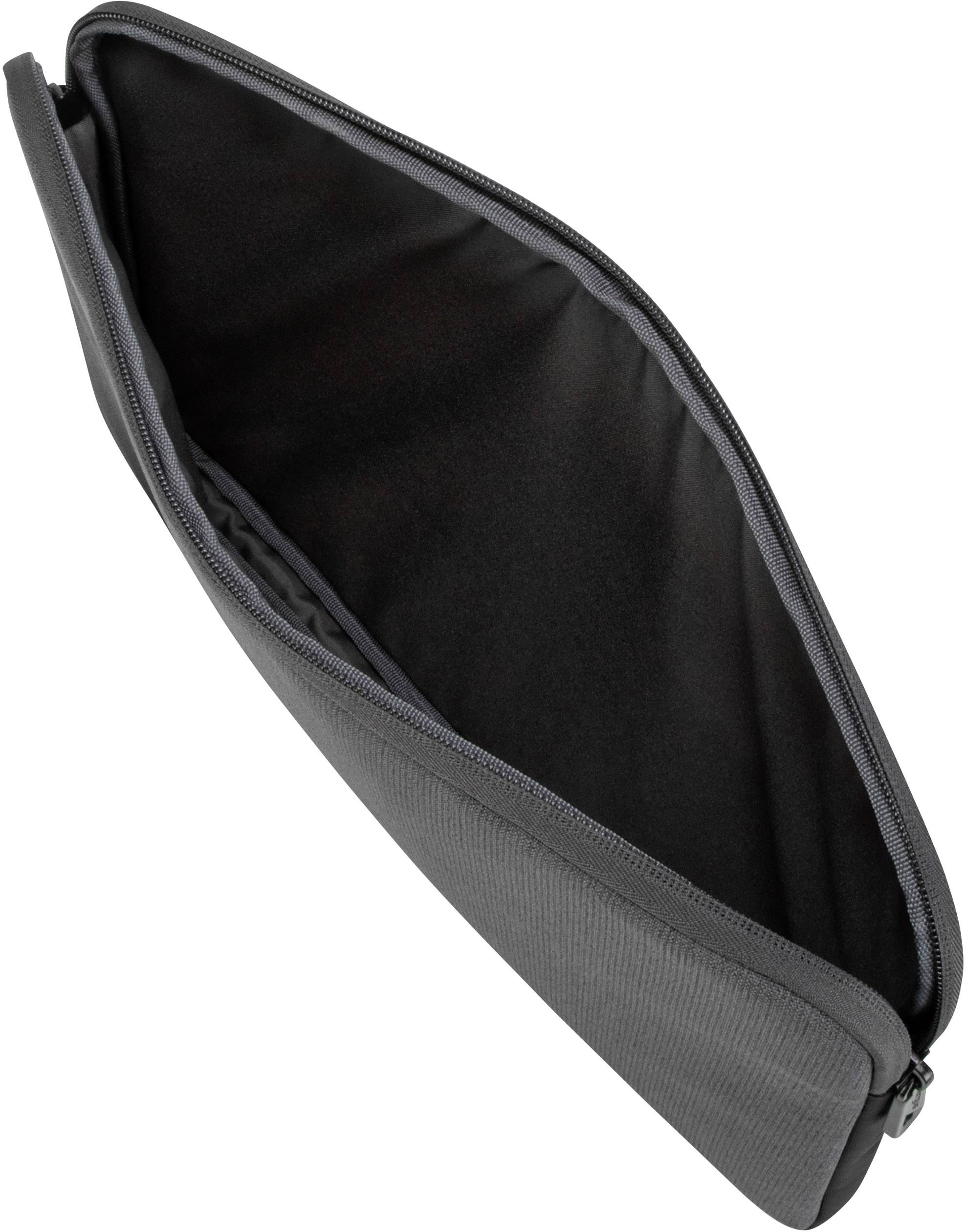 Grau-schwarze Laptoptasche, geöffnet und leer, zeigt Innenfutter. Geeignet zur Aufbewahrung und zum Schutz von Laptops oder Tablets.