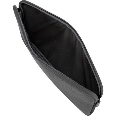 Grau-schwarze Laptoptasche, geöffnet und leer, zeigt Innenfutter. Geeignet zur Aufbewahrung und zum Schutz von Laptops oder Tablets.