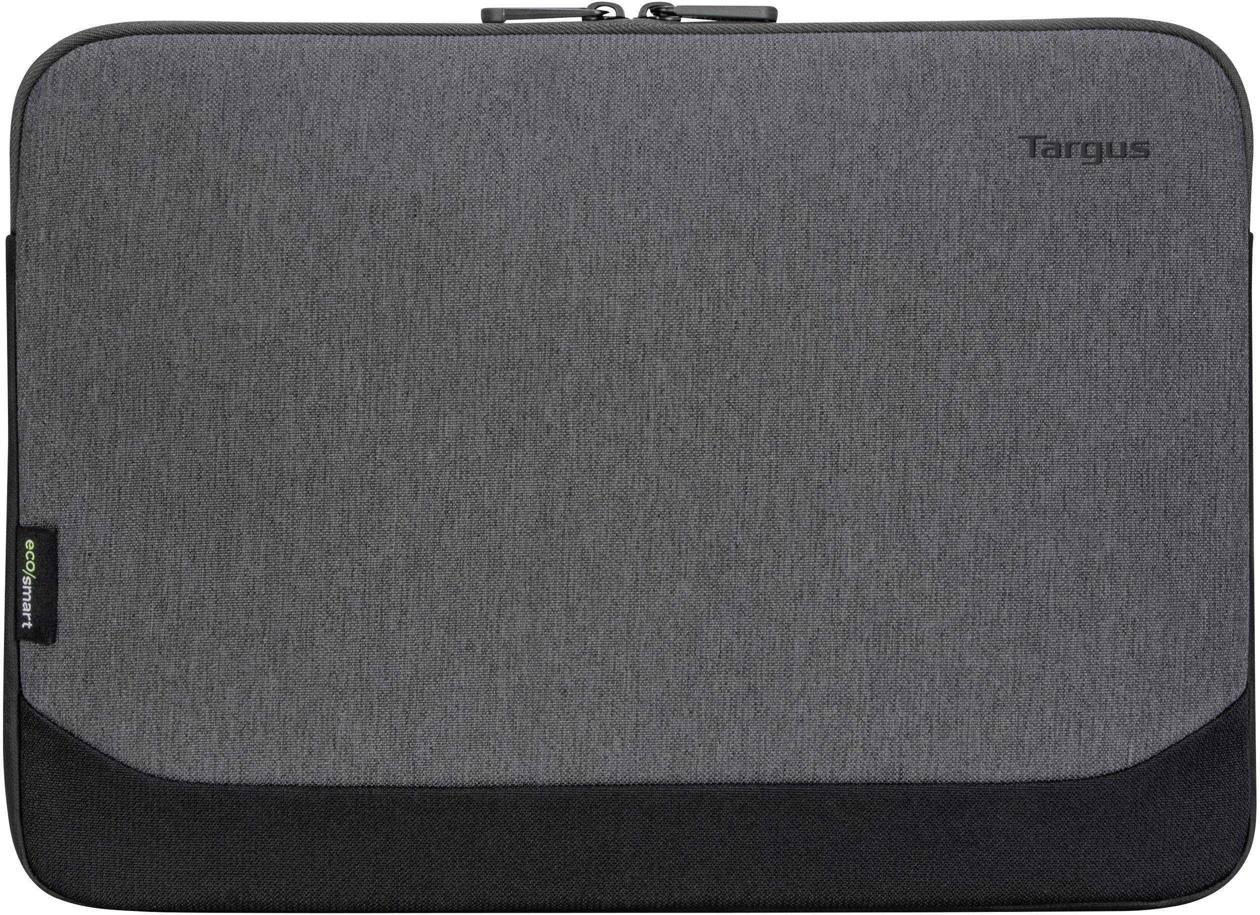 Graue Laptop-Hülle aus Stoff mit schwarzem Akzent unten, Markenname 'Targus' oben rechts, stilvolles und schützendes Design.