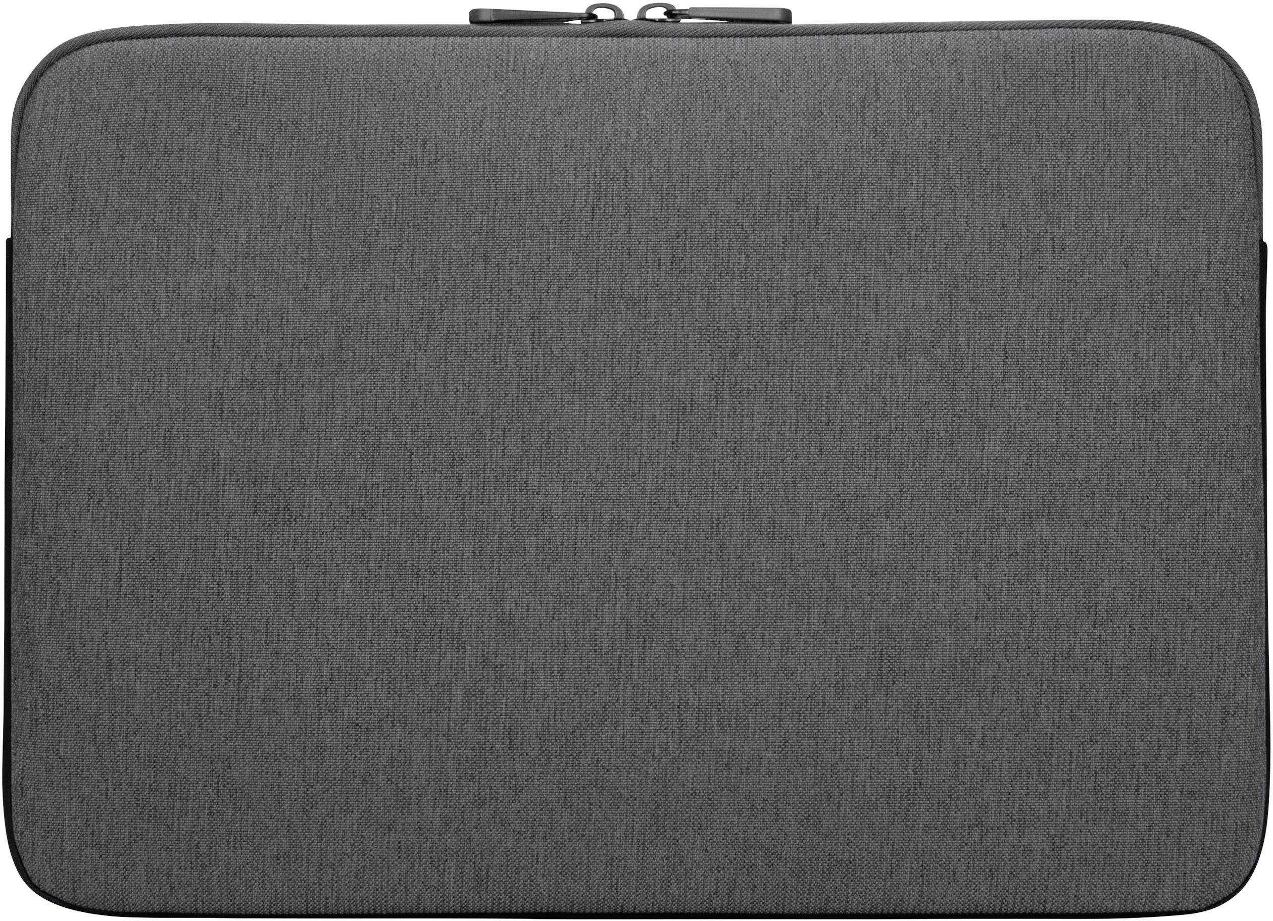 Graue Laptoptasche mit Reißverschluss, schlichtes Design. Ideal zum Schutz und Transport eines Laptops.