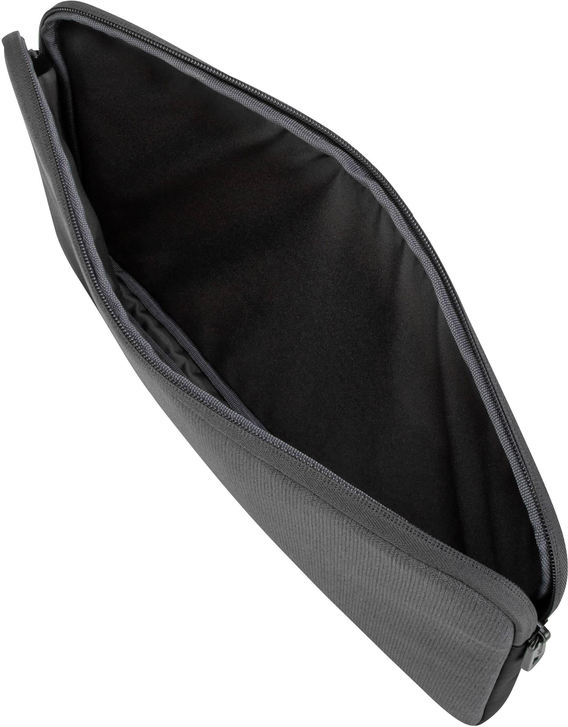 Graue Laptop-Tasche aus Stoff von oben geöffnet, zeigt das Innenfutter und den Reißverschluss.