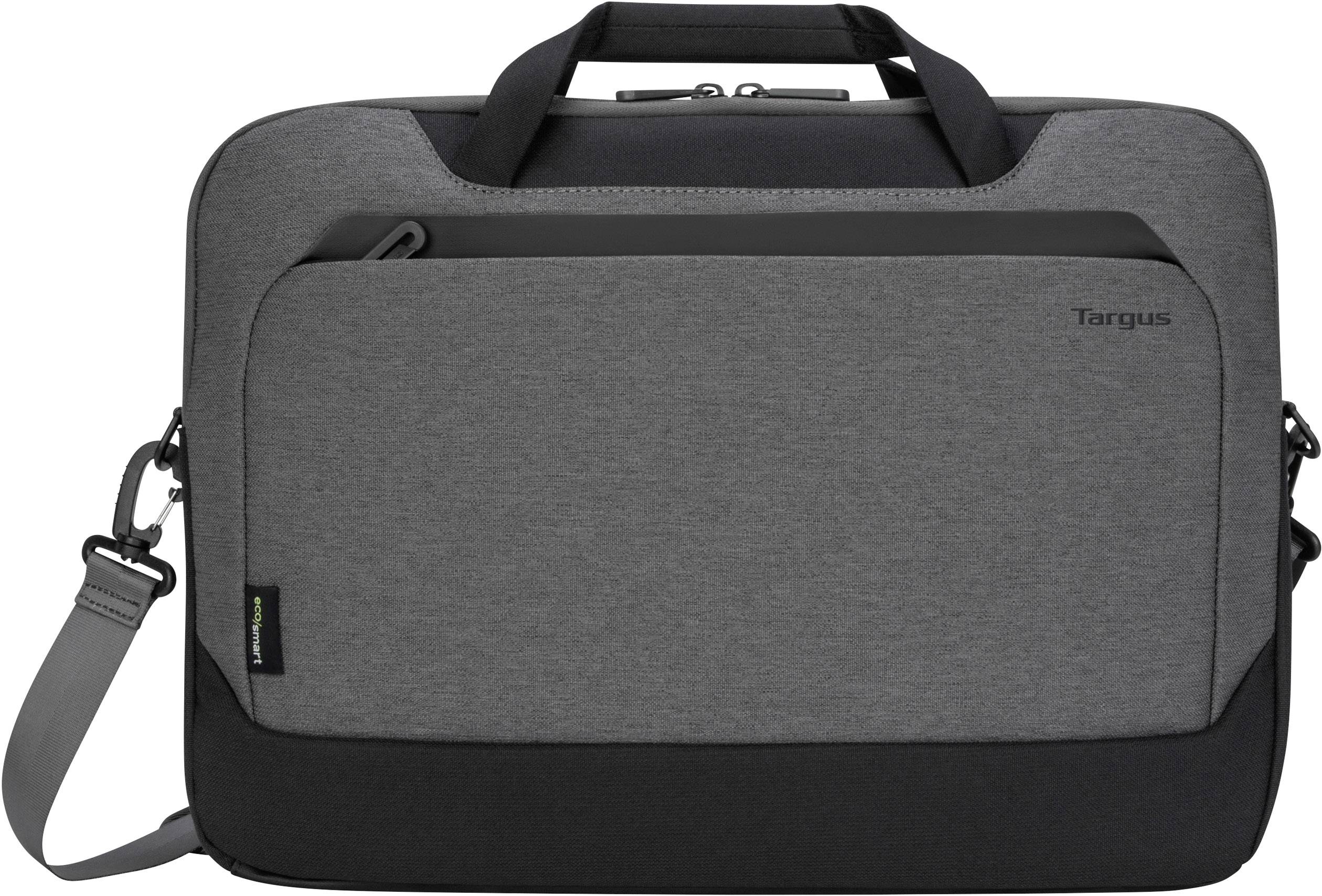 Graue Laptop-Tasche mit Schulterriemen und Vorderfach. Ideal für den sicheren Transport von Laptops und Zubehör.