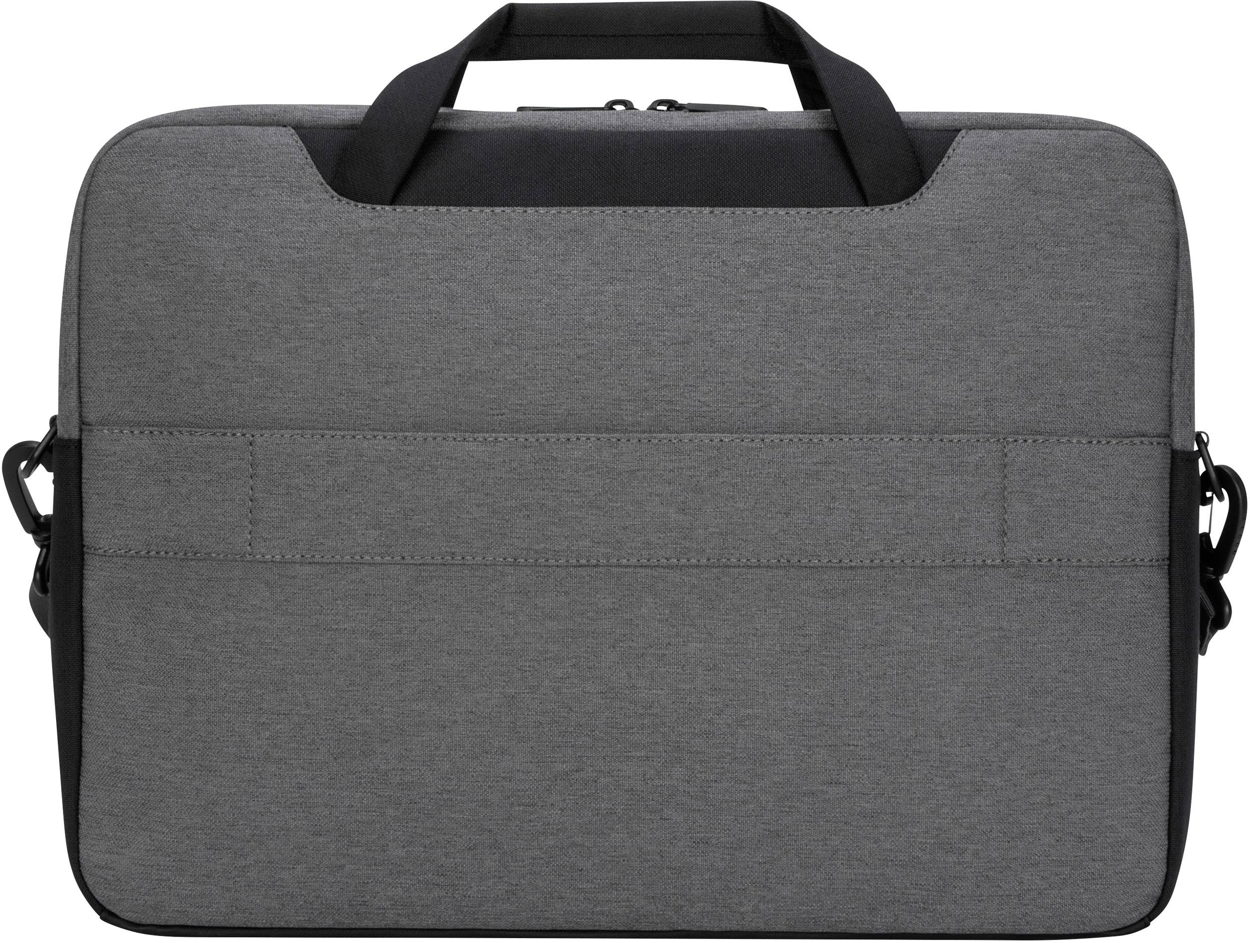 Eine graue Laptoptasche mit zwei Tragegriffen und einem Schultergurt. Die Tasche hat eine schlichte, minimalistische Gestaltung.