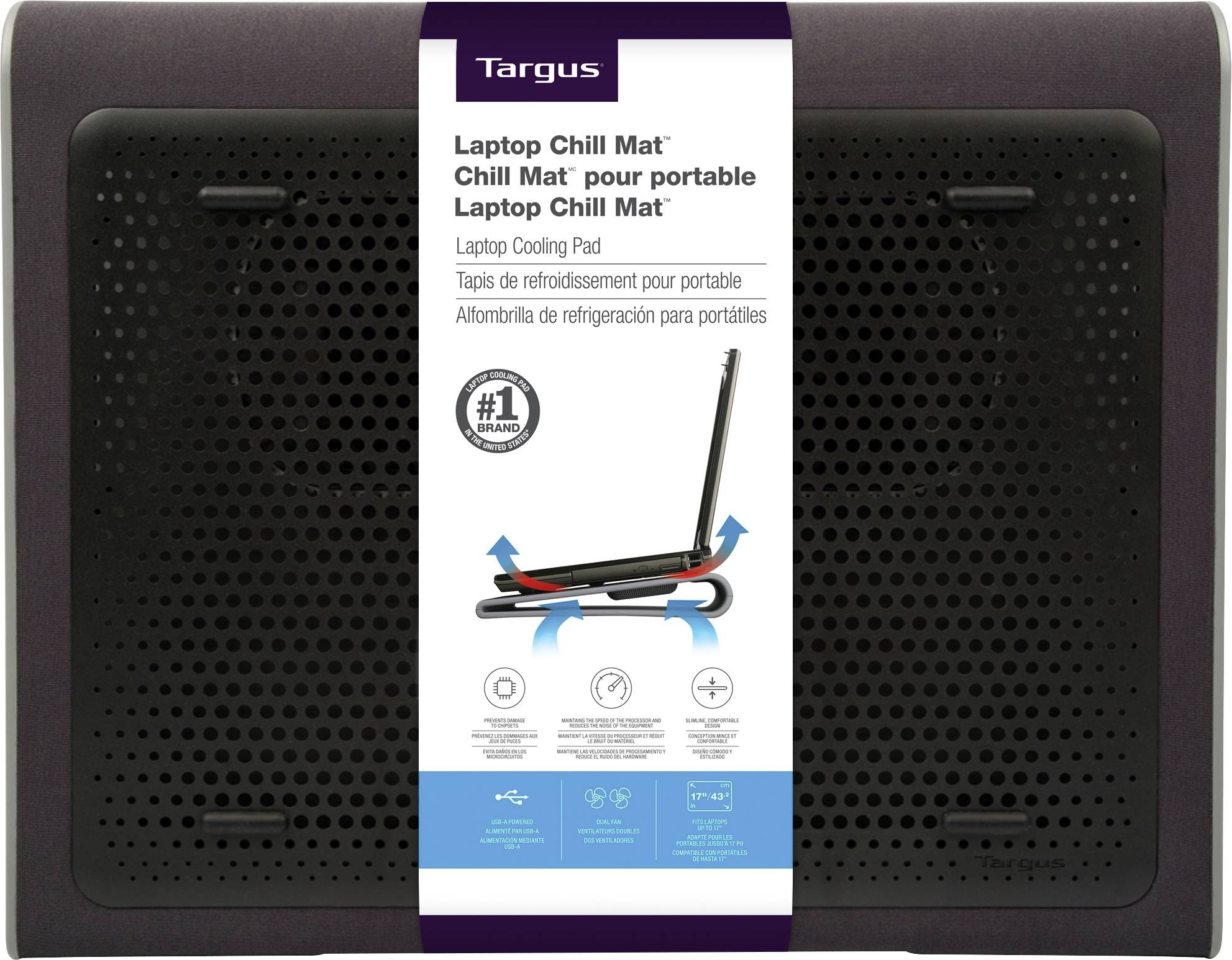 Targus Laptop Chill Mat in Verpackung, zeigt Bild von einer Laptop-Kühlunterlage mit belüfteter Oberfläche, kühlende Funktion.