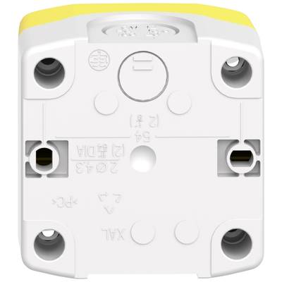 Ein weißes elektrisches Bauteil mit gelbem Streifen auf der Oberseite und vier Öffnungen. Markierungen und Symbole sind aufgedruckt.