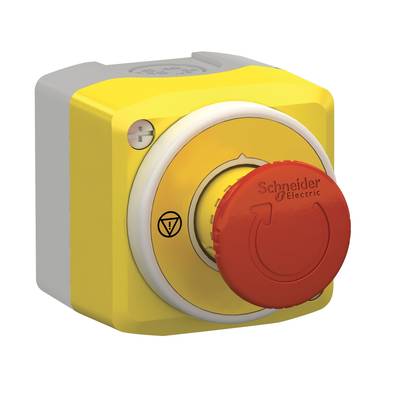 Ein gelber Not-Aus-Schalter mit rotem Drehknopf von Schneider Electric, montiert auf einem grauen Sockel.
