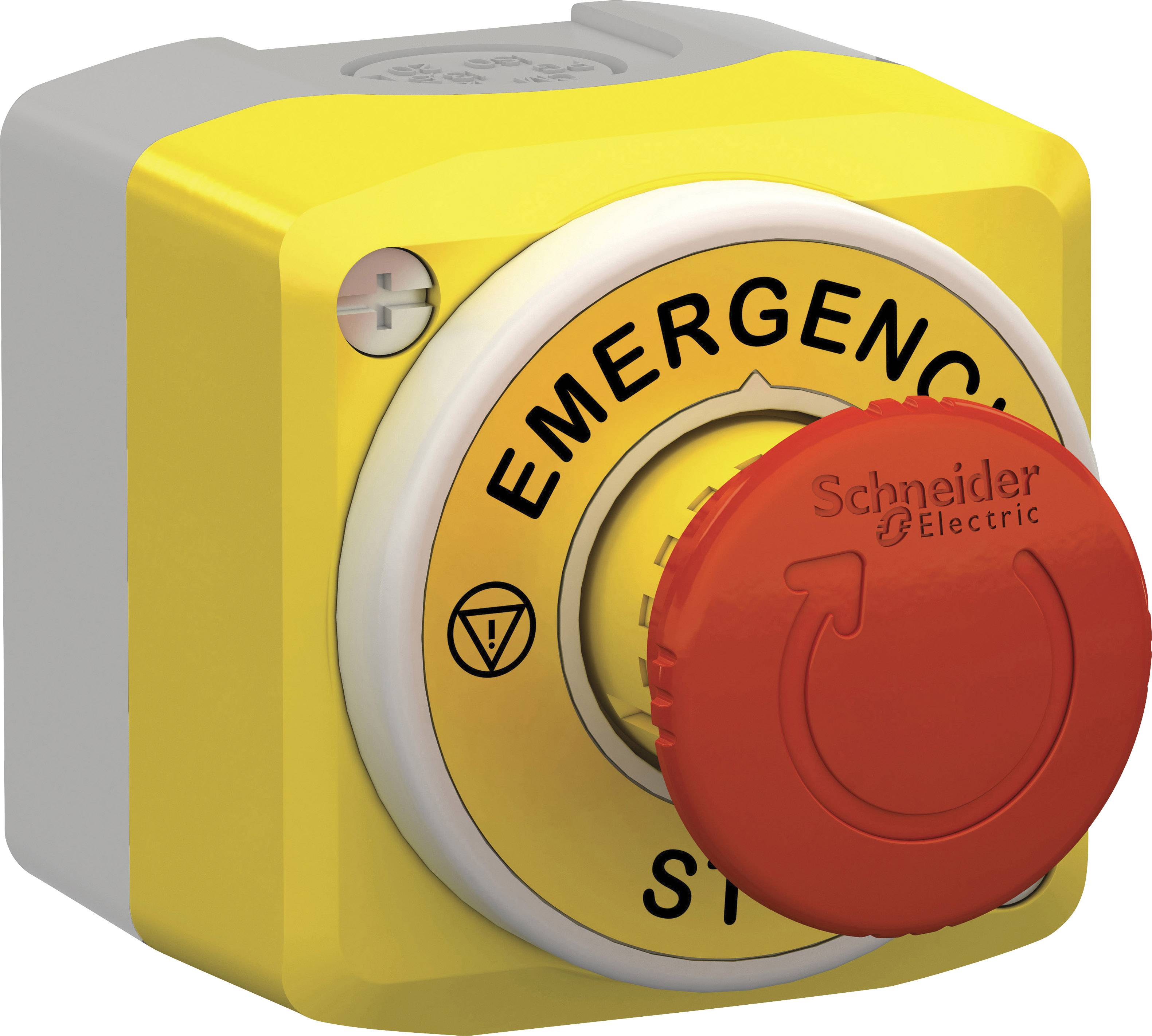 'Not-Aus' Schalter, gelb mit rotem Knopf, markiert mit Pfeil und 'Schneider Electric' Logo.