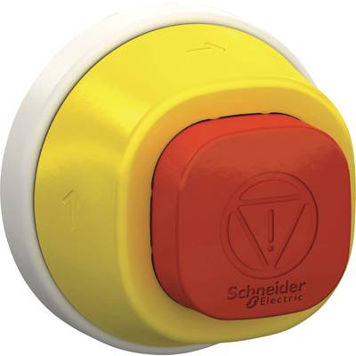 Gelber Not-Aus-Schalter von Schneider Electric mit roter Druckfläche und Warnsymbol, rundes Design für Notabschaltung in elektrischen Anlagen.