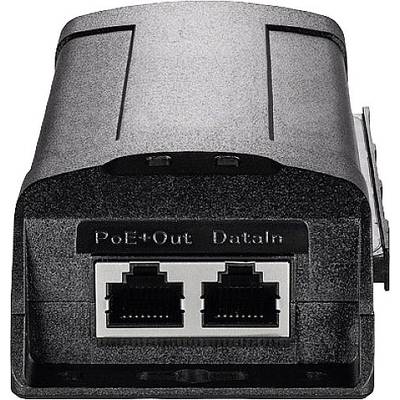 Abgebildet ist ein schwarzer PoE-Adapter mit zwei Ethernet-Anschlüssen, beschriftet mit 'PoE-Out' und 'Data-In'.