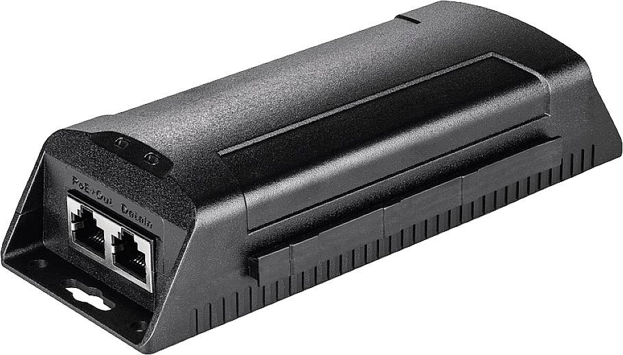 Ein schwarzer Netzwerk-PoE-Injektor mit zwei Ethernet-Ports. Gerät zur Stromversorgung von Netzwerkkabeln über Power over Ethernet.