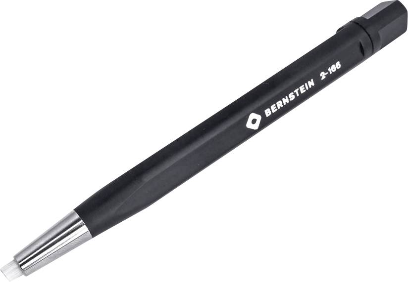 Schwarzer Drehmeißelstift mit silberner Spitze, auf der 'BERNSTEIN 166' steht. Geeignet für präzises Arbeiten in der Elektronik.