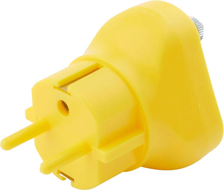 Ein gelber Steckdosenadapter, dreipolig, ohne weitere sichtbare Beschriftungen oder Logos.