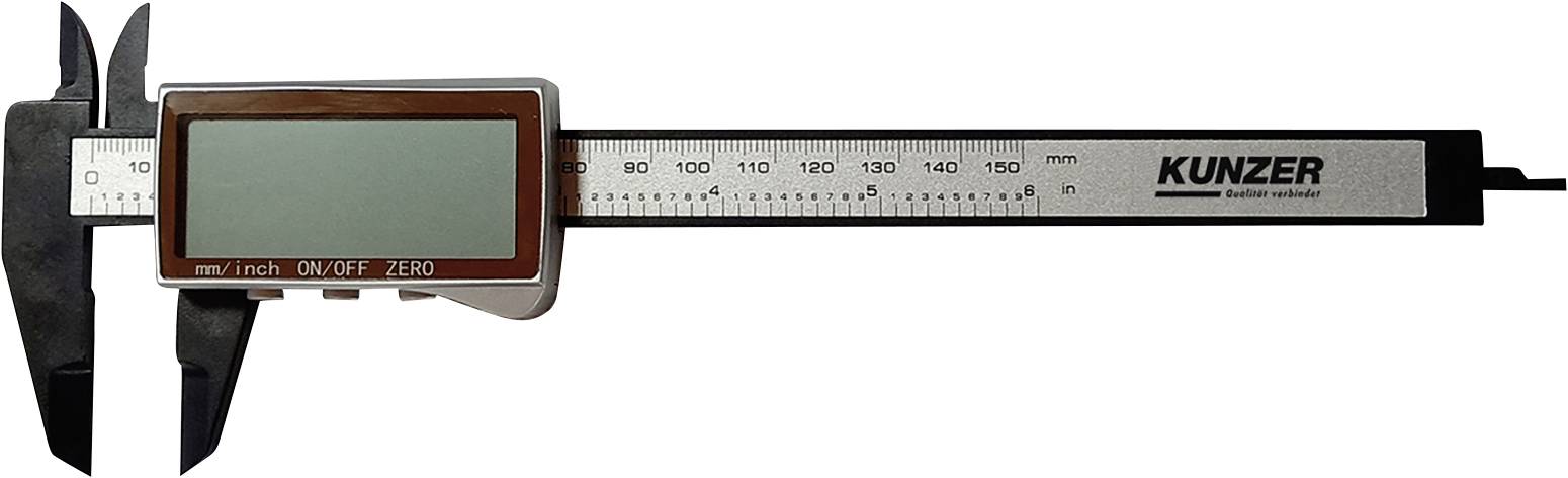 Digitaler Messschieber von Kunzer, zeigt metrische und imperiale Messungen auf einem LCD-Display an, Skala bis 150 mm.