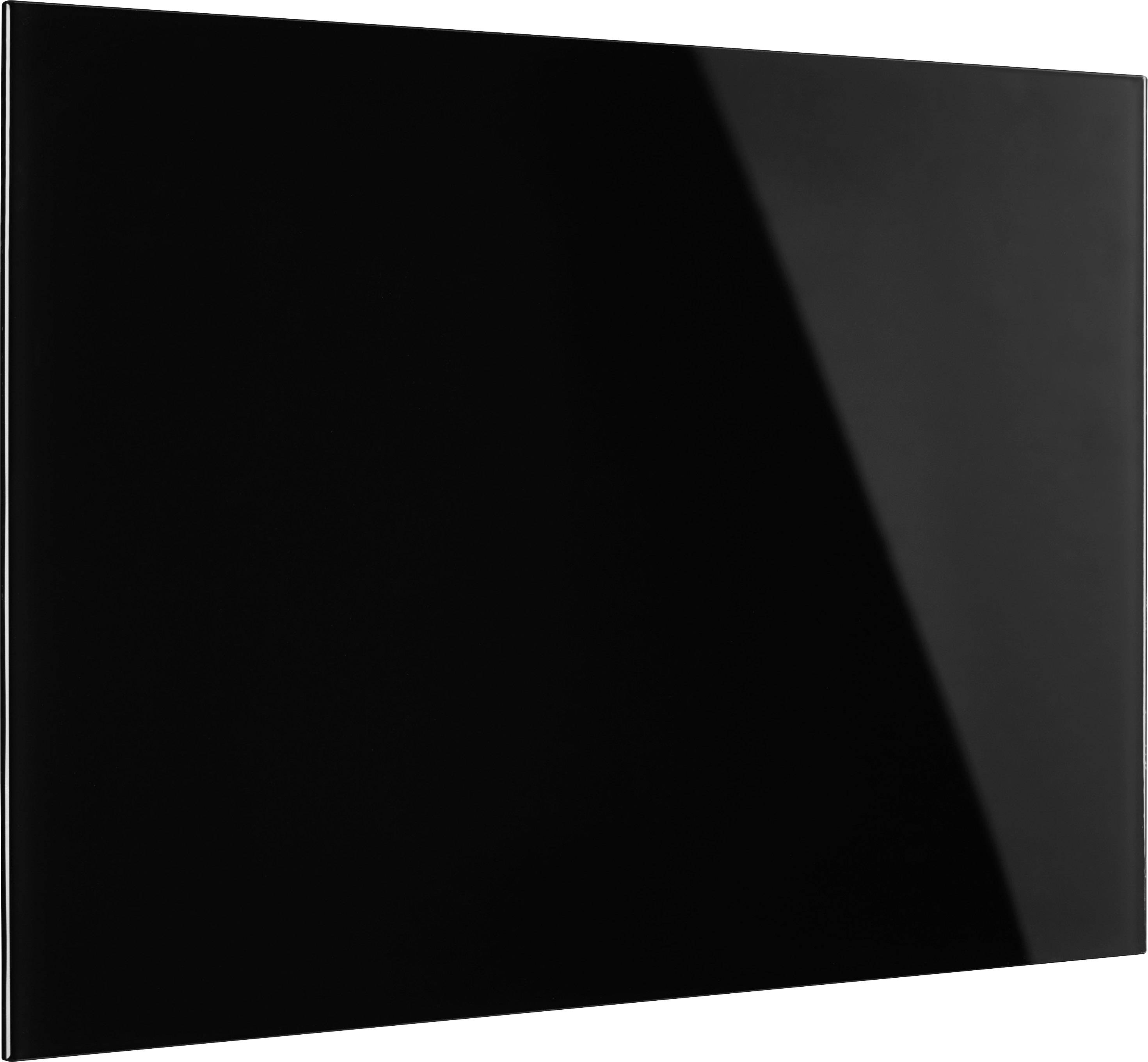 Schwarze rechteckige Glasplatte mit glänzender Oberfläche, spiegelt leicht das Licht wider.