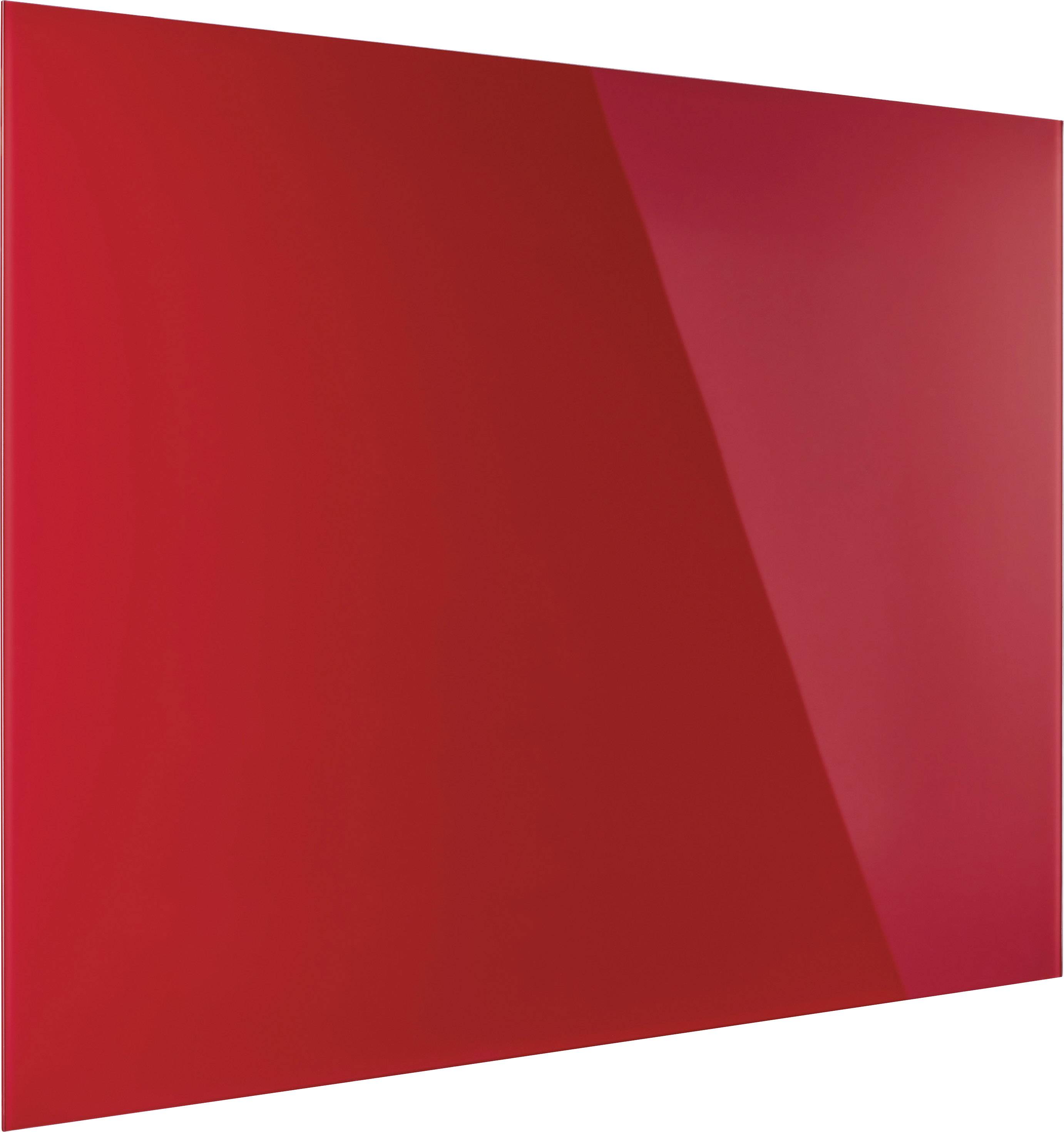 Ein rechteckiges, rotes Glasbild mit glänzender Oberfläche. Es reflektiert Licht, was zusätzliche Highlights auf der Oberfläche erzeugt.