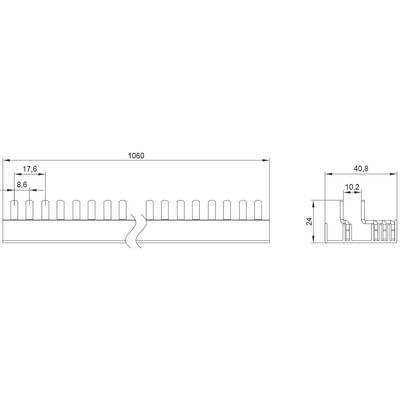 Technische Zeichnung eines Kühlkörpers mit Bemaßungen: Länge 1060 mm, Höhe 24 mm, und weitere Details wie Abstände der Lamellen.